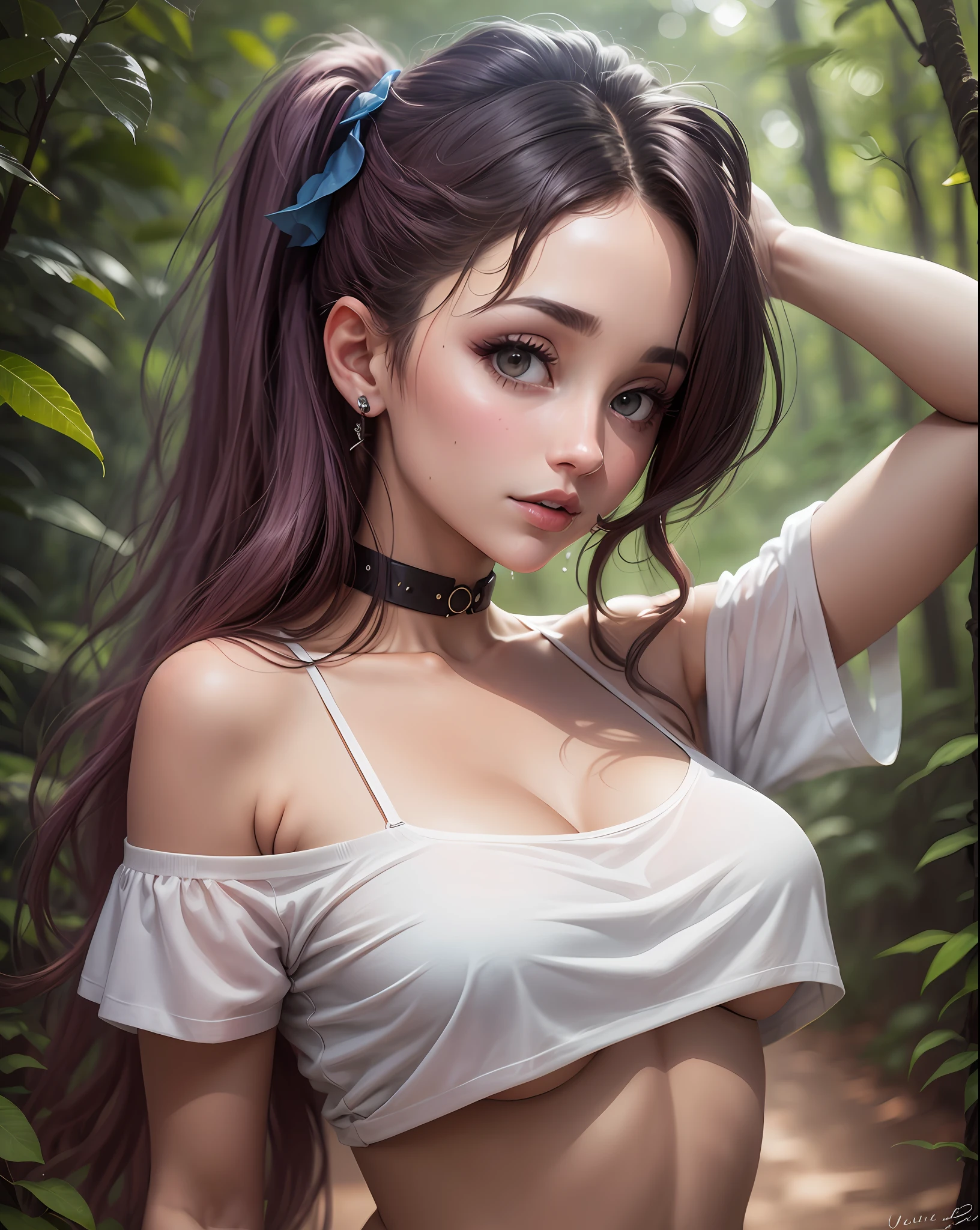 Ariana Grande, muito sexy, sensualizando, provocador, usando uma blusa curta branca com decote e uma saia curta colada. Cabelo preto, medium boobs, ultra detalhado e realista, fotografia profissional, foto de corpo inteiro sem cortes, disco Rigid, 8k, uma obra de arte, She's on a dirt road in the middle of a forest.
