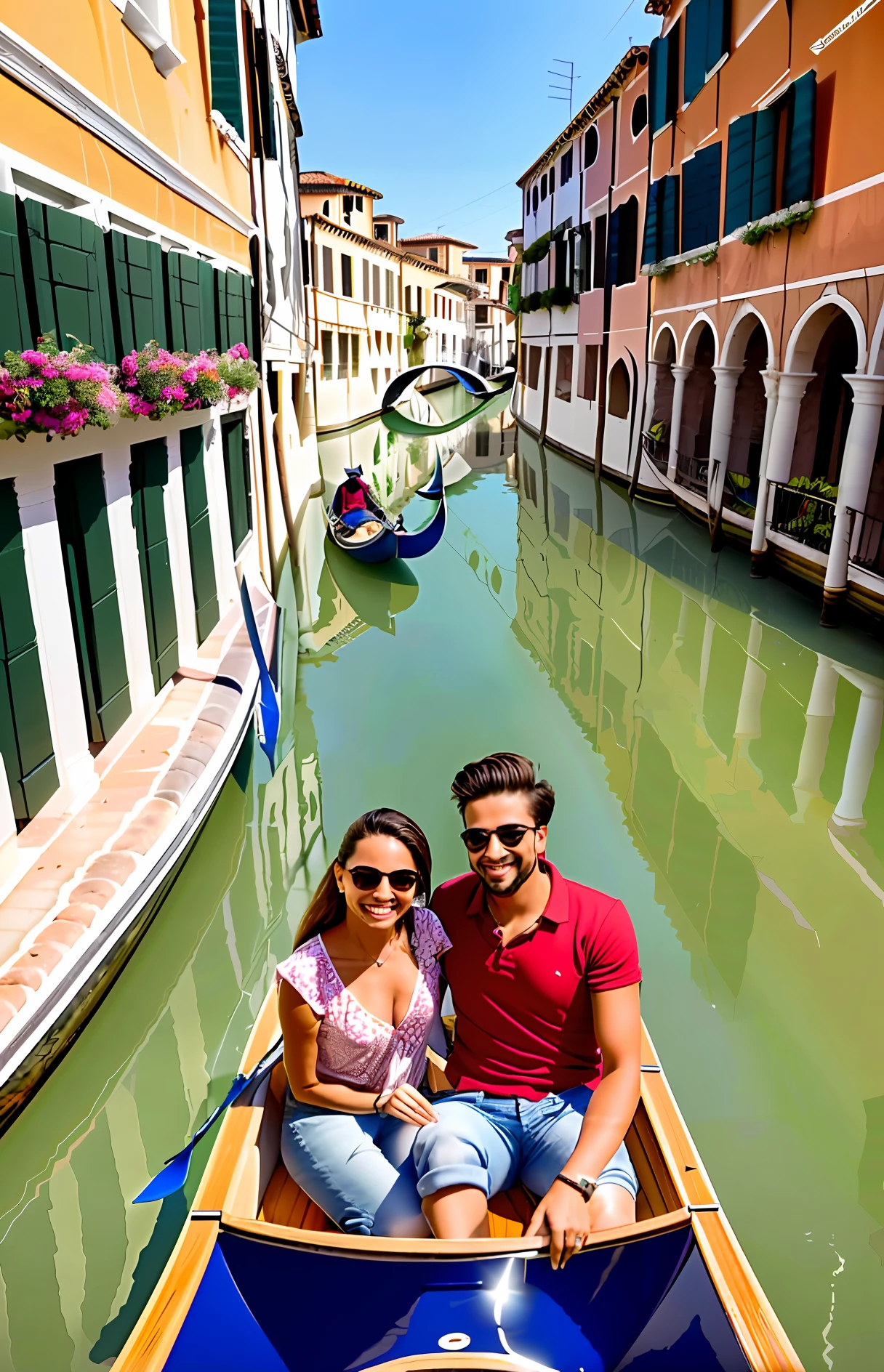 Canal em Veneza com casal feliz passeando de gondola