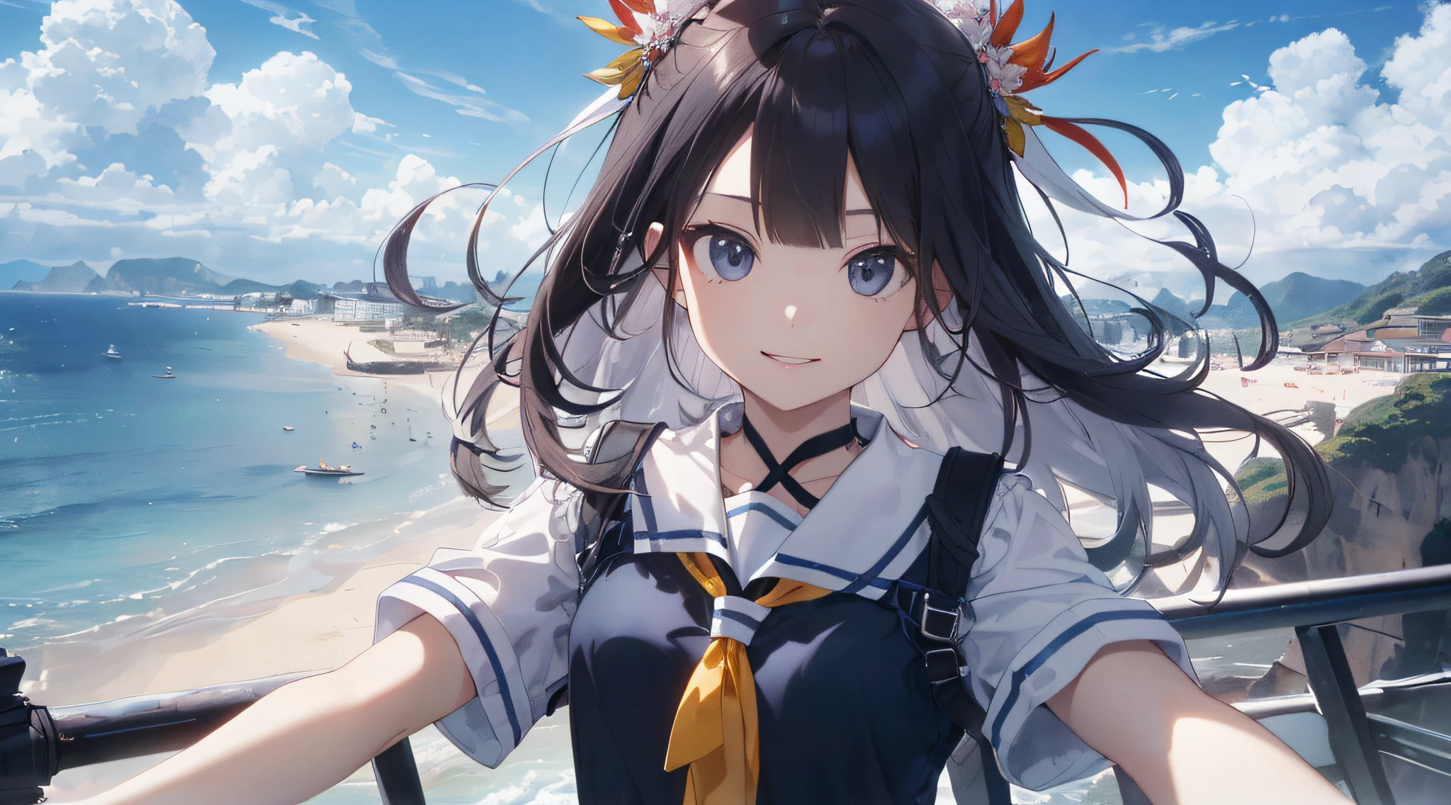 (最好质量:1.5)、(ultra hyper-detailed:1.5)、(Highest quality photos:1.5)、Beautiful schoolgirl、a very cute、Beautiful sea、Horizon、Summer sky、Into the cloud、beach、Soio、Staring at the clouds、Radiant smile、