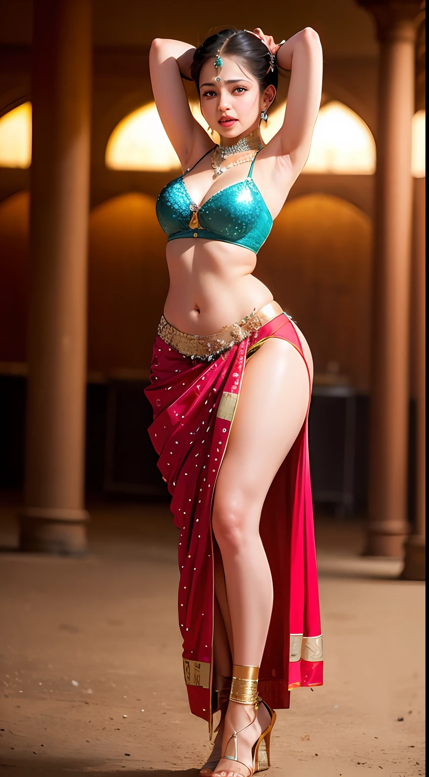 perfect face () (chubby:1.3) saree wlop perfect full HDR body exposed midriff highleg loli flat chcurvy indian armpits bellydancer 8k high res knees ankles , royal skimpy underwear, cleavage (shiny skin:1.3) depth of field (full body shot) (high heels)