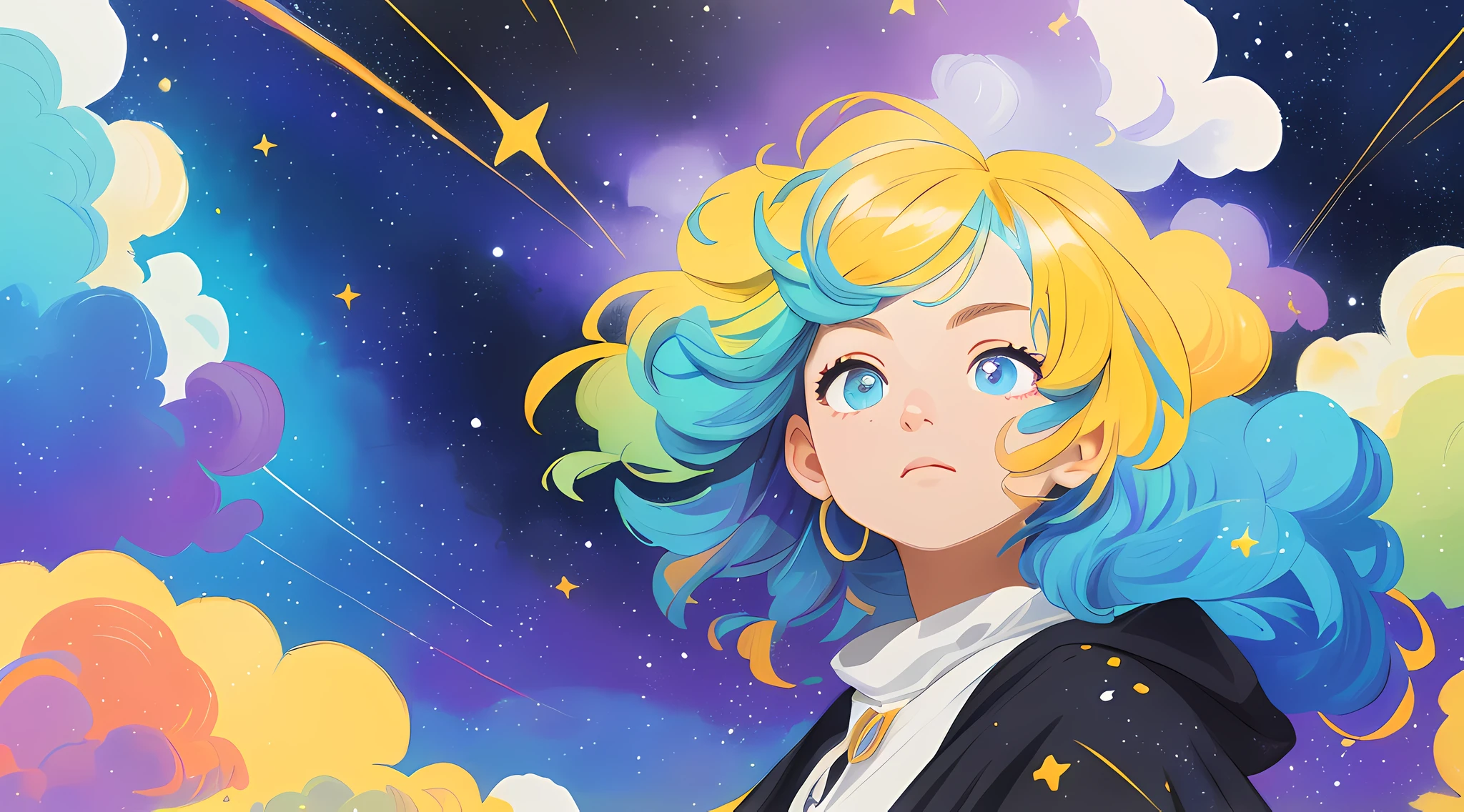 ((masterpiece)), (((best quality))), ((ultra-detailed)), ((illustration)),[realism light effect],shadow,(Fantasy style),(white background:1.6), simple background, (earth theme),(a cloak)[(hair focus,((1girl)),[(big slime hair): (cloud hair):0.3], (hair on background),(high saturation),(hair surrounded by galaxy splashes),)):((her hair is becoming galaxy clouds,:1.27628), (hair and clothes is galaxy clouds and cluster of stars:1.1025),(a cloak is becoming galaxy clouds)(colorful_galaxy_print_clusters_of_stars_print:1.35),((detailed starry sky with colorful galaxy and galaxy clouds):1.2)):0.35], (((masterpiece))),(((best quality))),((ultra-detailed)),(illustration),(dynamic angle),((floating)),(paint),((disheveled hair)),((beautiful detailed face)),collar,bare shoulders, ((colorful hair)),((streaked hair)),beautiful detailed eyes,(Gradient color eyes),(((colorful eyes))),(((colorful background))),(((high saturation))),(((surrounded by colorful splashes))),(((surrounded by colorful dot))),colorful bubble,((shining)),