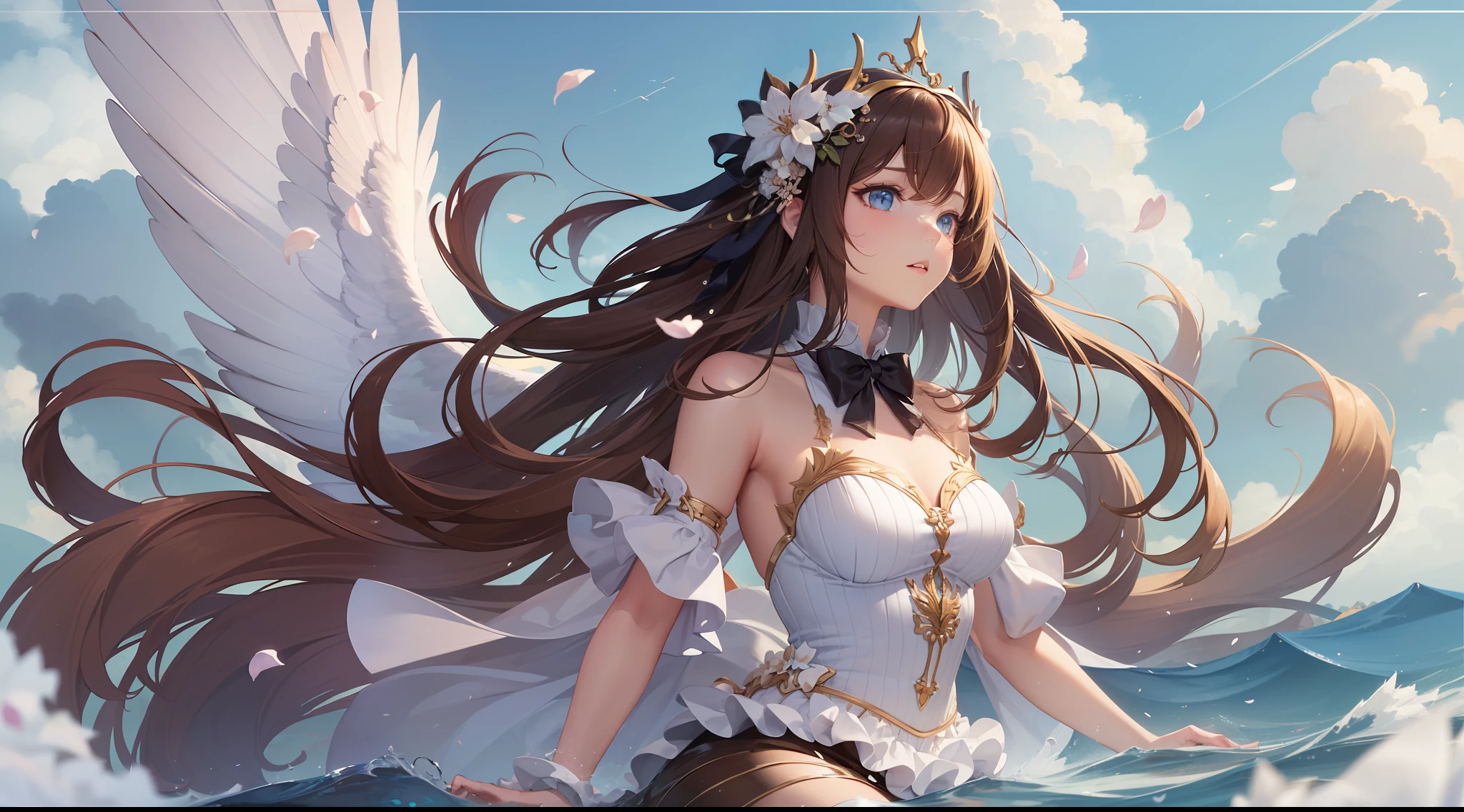 [(White background:1.5),::5] (isometric:1.5),(( a wide shot, Full body:1.5)),// (((Maste Piece))), (((Best Quality))), ((Ultra-detailed)), (Illustration), (1 Girl), (Solo), ((extreamly delicate and beautiful)), girl, Circle of Angels,((Beautiful detailed sky)), Beautiful detailed eyes, hairs between eyes, ribbon from, a bow tie, heart buttons, Bare shoulders, blank stare, close to viewer, ((Breeze)), Flying splashes, Flying petals, wind, Brown hair, multi color eyes, Hair Ornament,