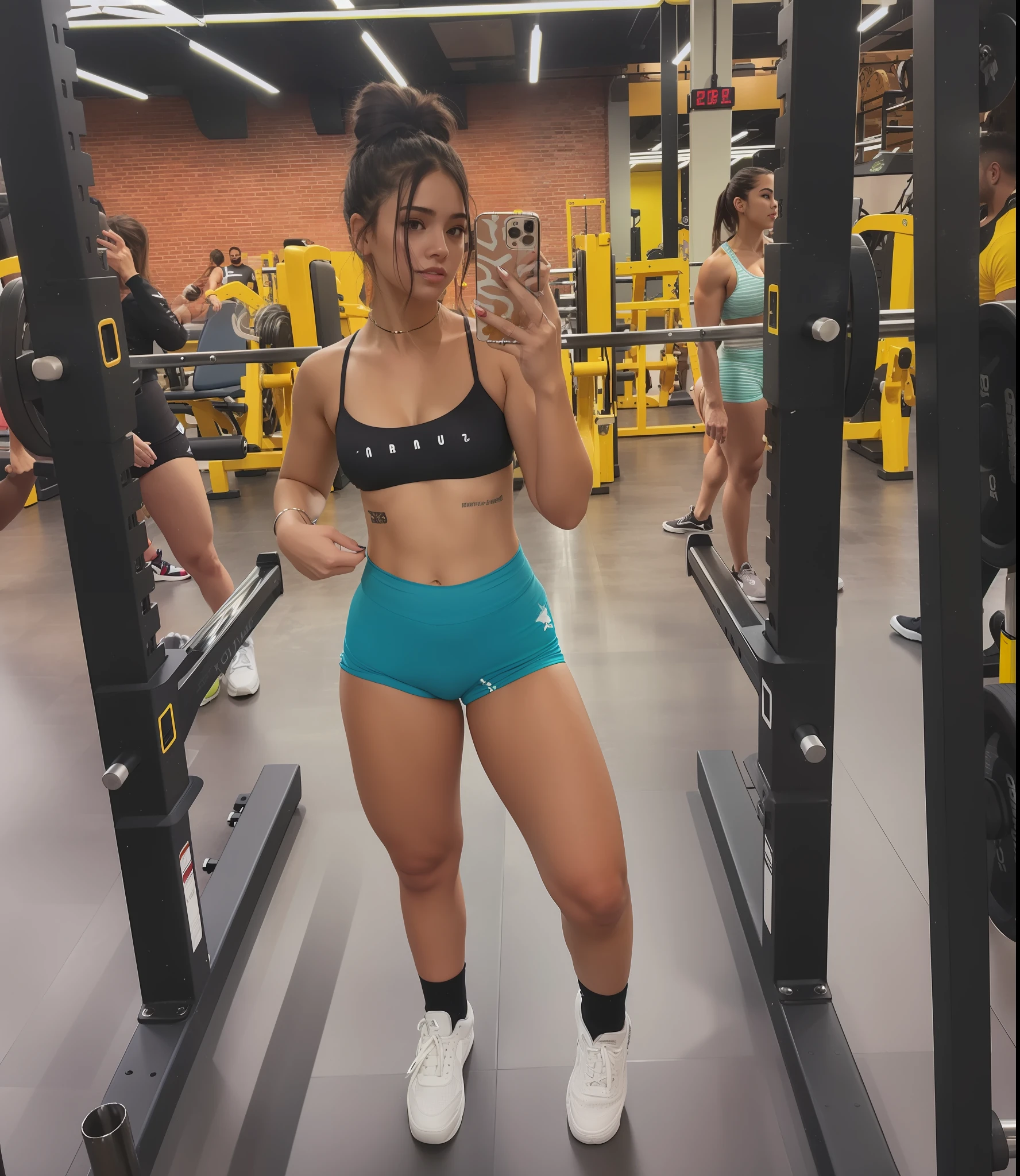 there is a woman that is standing in a gym with a phone, em uma academia, foto fit, pernas grossas, coxas grossas, em forma, pernas fortes, corpo grosso, corpo em forma, sporty physique, fit curvy physique, malhar, Violeta Myers, Coxas, coxas musculosas, bra and shorts streetwear, modelo fitness, Posar e flexionar, Coxas!!!, corpo robusto