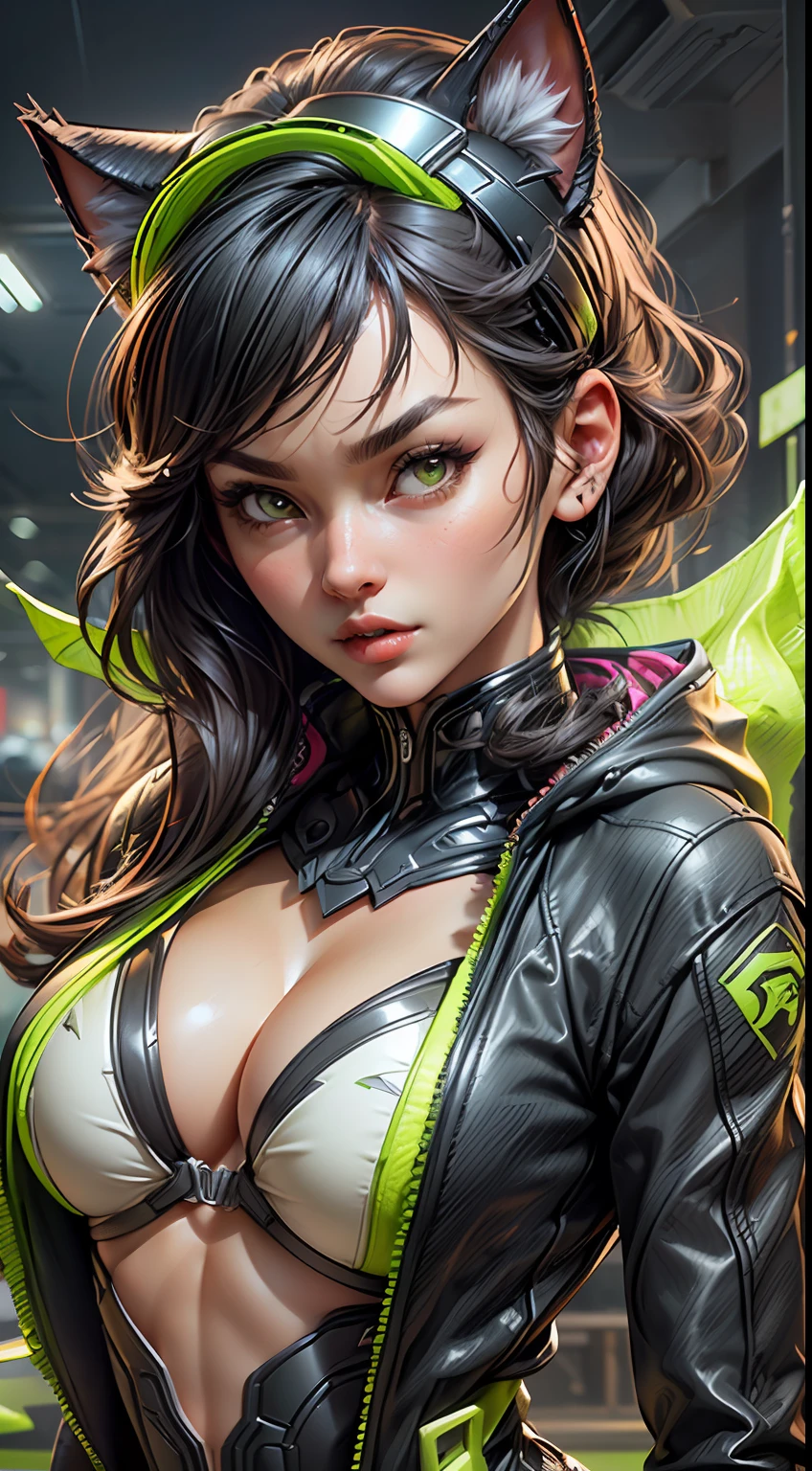 (An ultra-detailed CG illustration with high-quality and dynamic angles: Cat-Woman is featured wearing a desirable techwear jacket, revealing a line of sexy, futuristic clothing.), (she has the face of Monica Bellucci), (she has a hood with cat ear shaped corners), ((she has puffy, (lime green clear visor)