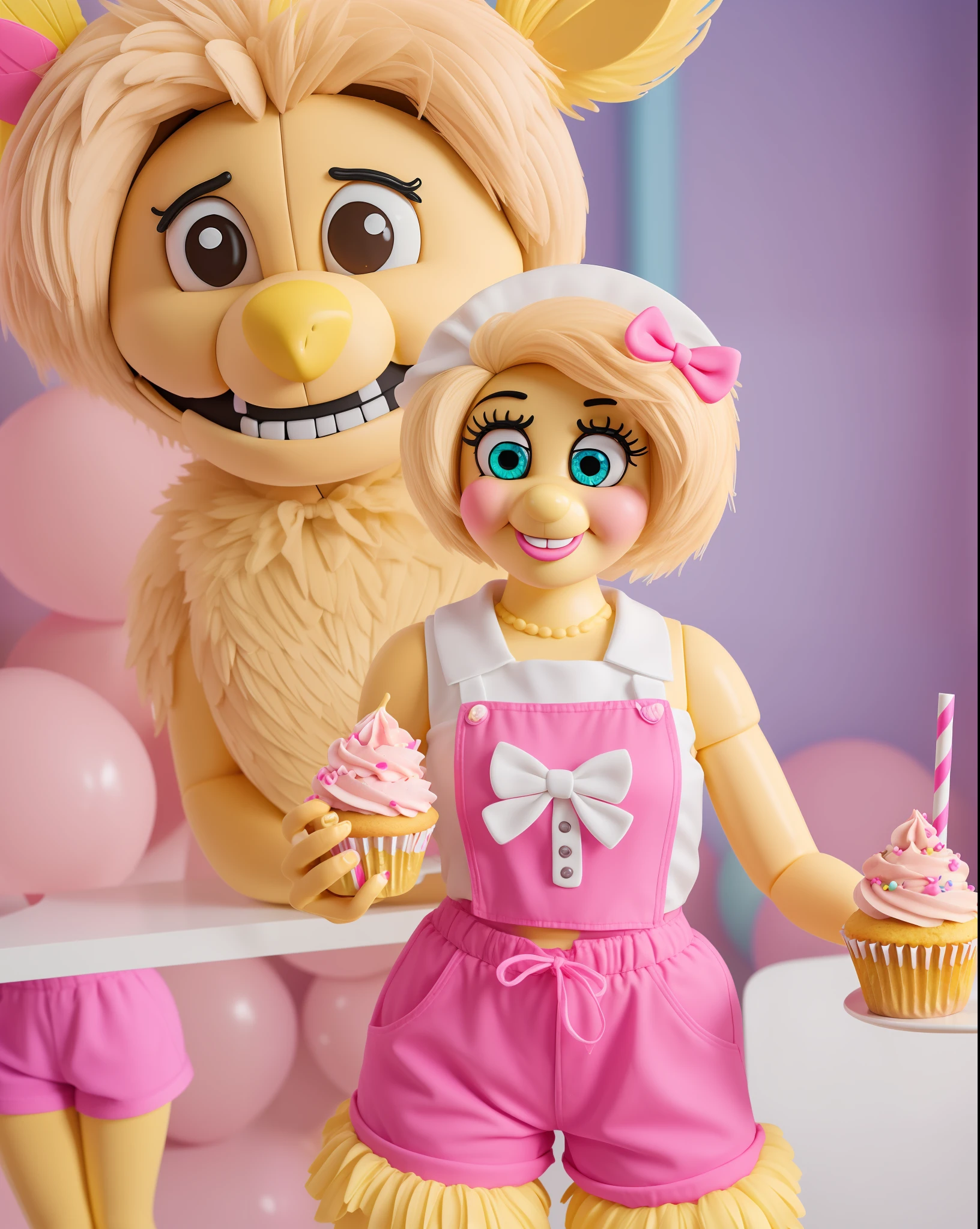 A highly detailed digital art rendition of Toy Chica from Five Nights at Freddy's. Toy Chica is a bright yellow chicken animatronic with long eyelashes, hot pink shorts, and a white bib that says "Let's Party!". She is posing cutely with a cupcake in her hand and smiling at the camera