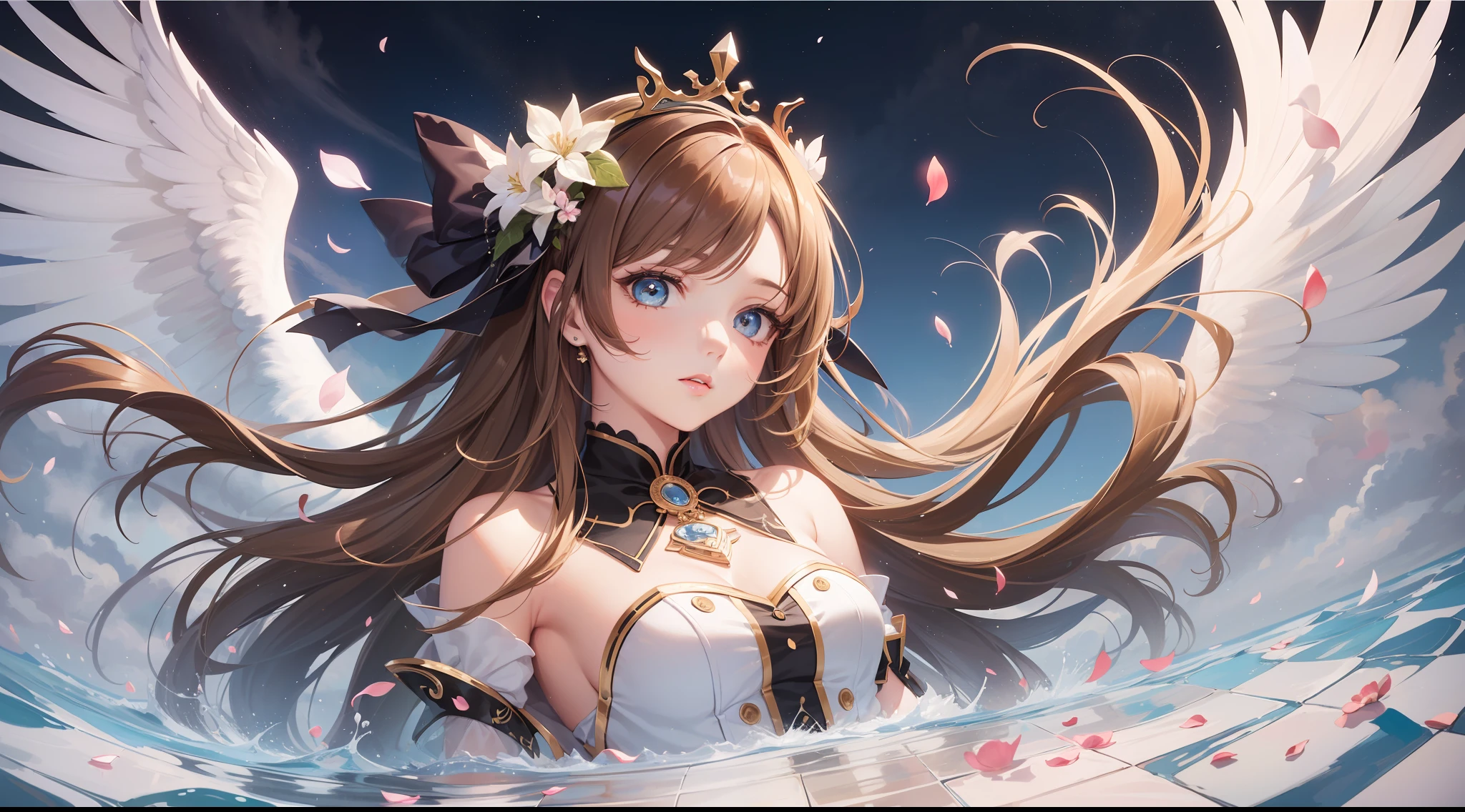 [(White background:1.5),::5] (isometric:1.5),(( a wide shot, Full body:1.5)),// (((Maste Piece))), (((Best Quality))), ((Ultra-detailed)), (Illustration), (1 Girl), (Solo), ((extreamly delicate and beautiful)), girl, Circle of Angels,((Beautiful detailed sky)), Beautiful detailed eyes, hairs between eyes, ribbon from, a bow tie, heart buttons, Bare shoulders, blank stare, close to viewer, ((Breeze)), Flying splashes, Flying petals, wind, Brown hair, multi color eyes, Hair Ornament,