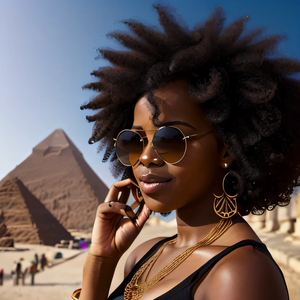 there is a woman with a red top and sunglasses on, natural hair, brown skinned, with afro, dark skinned, dark-skinned, natural short hair, profile pose, dark skinned african young girl, short afro, young black woman, wears a egyptian ankh necklace, in profile, afro hair, curly afro, beautiful city black woman only, black young woman