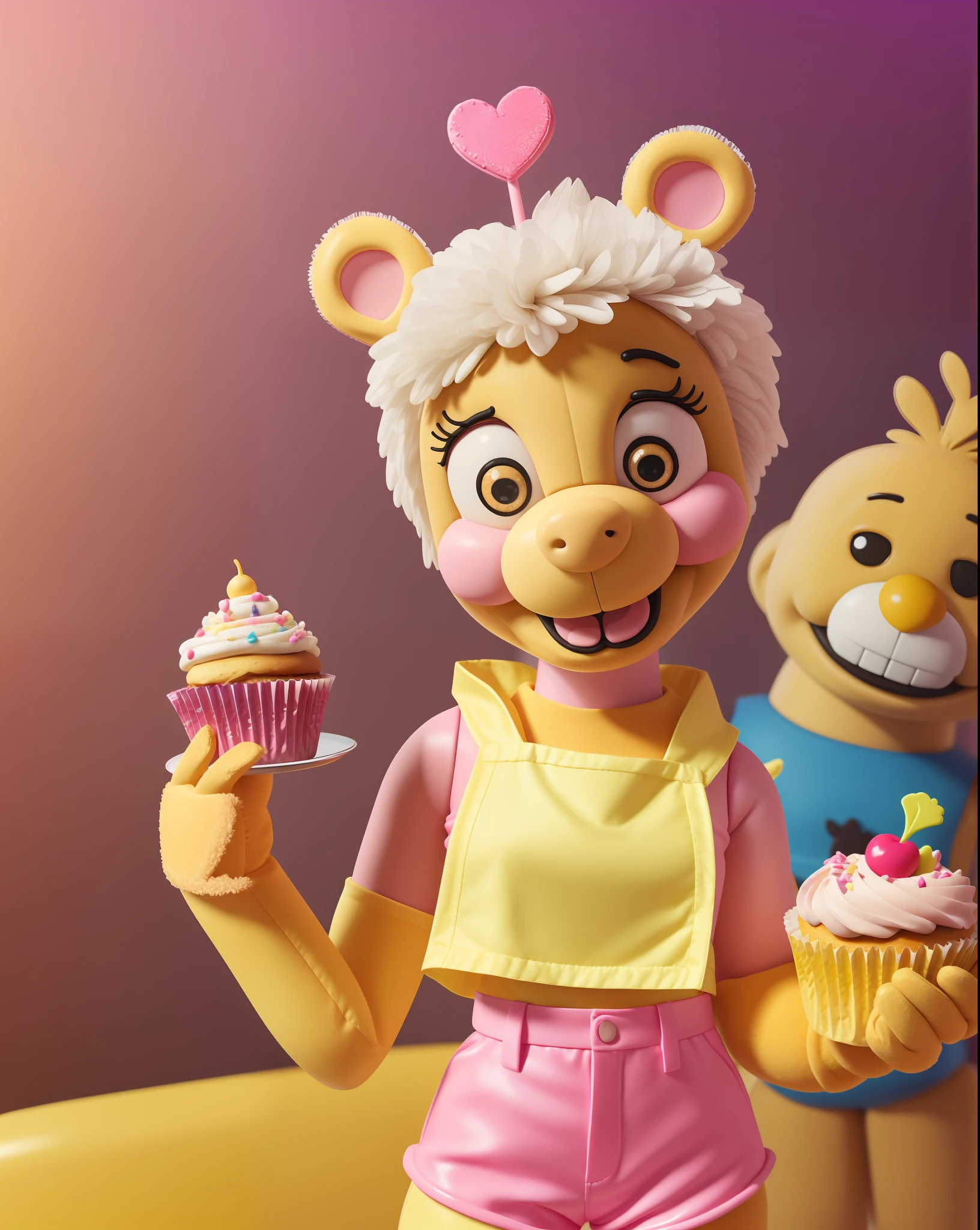 A highly detailed digital art rendition of Toy Chica from Five Nights at Freddy's. Toy Chica is a bright yellow chicken animatronic with long eyelashes, hot pink shorts, and a white bib that says "Let's Party!". She is posing cutely with a cupcake in her hand and smiling at the camera
