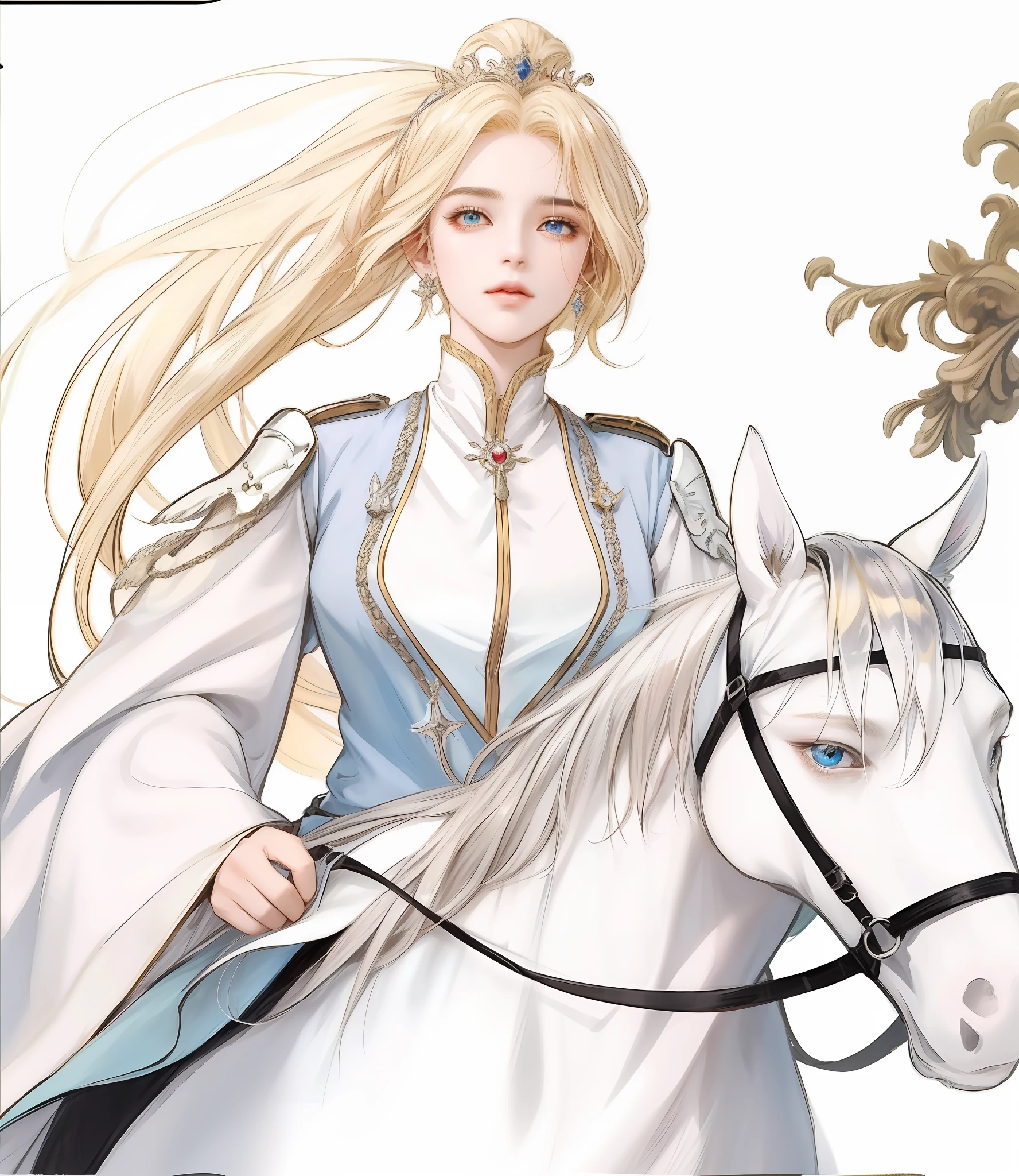 imagem de anime de uma mulher montando um cavalo com um vestido branco, beautiful androgynous prince, delicate androgynous prince, ((uma bela imperatriz fantasia)), cara bonito na arte demon slayer, handsome prince, imagem de anime shuushuu, por Yang J, inspirado por Li Chevalier, com longos cabelos brancos, cara de anime alto com olhos azuis