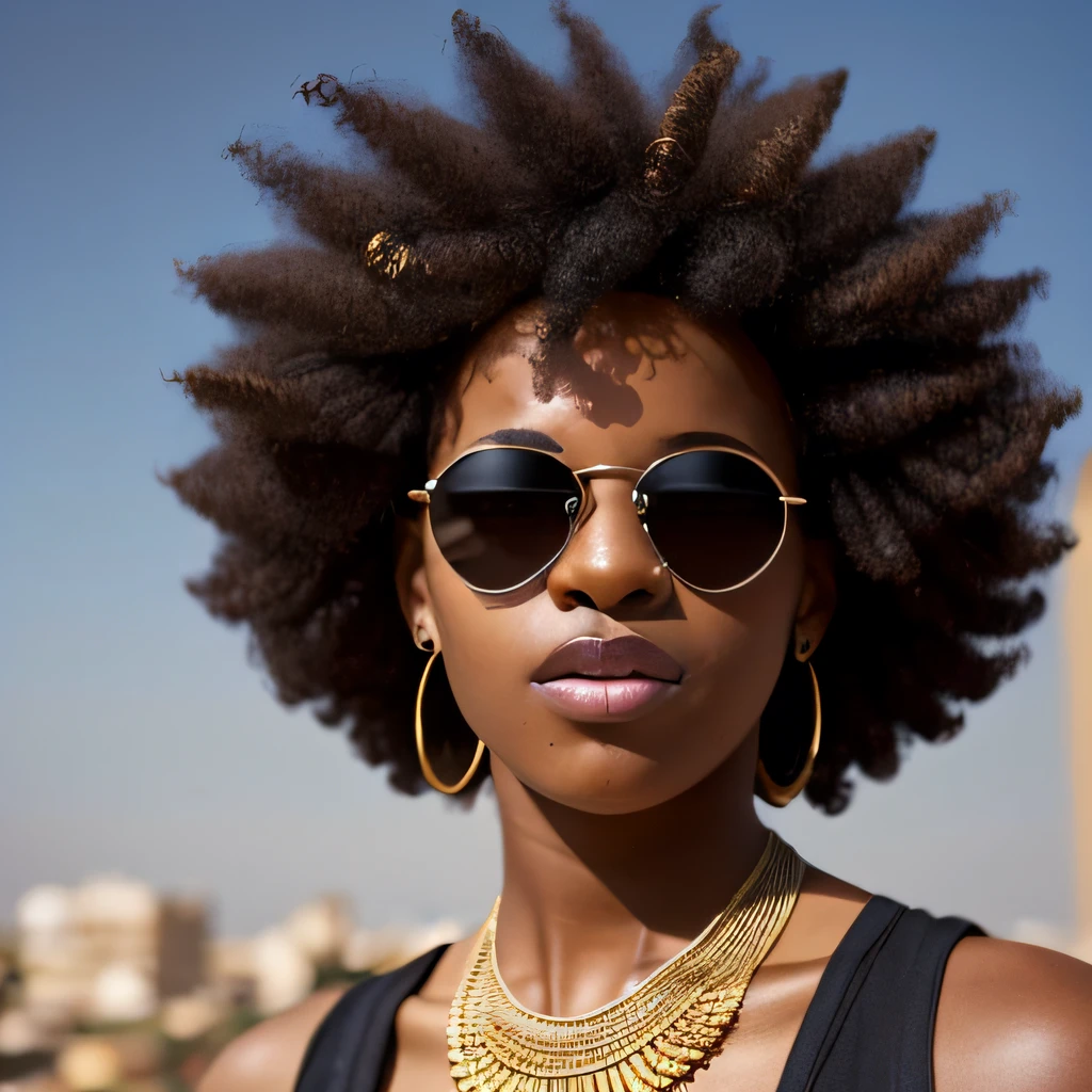 there is a woman with a red top and sunglasses on, natural hair, brown skinned, with afro, dark skinned, dark-skinned, natural short hair, profile pose, dark skinned african young girl, short afro, young black woman, wears a egyptian ankh necklace, in profile, afro hair, curly afro, beautiful city black woman only, black young woman
