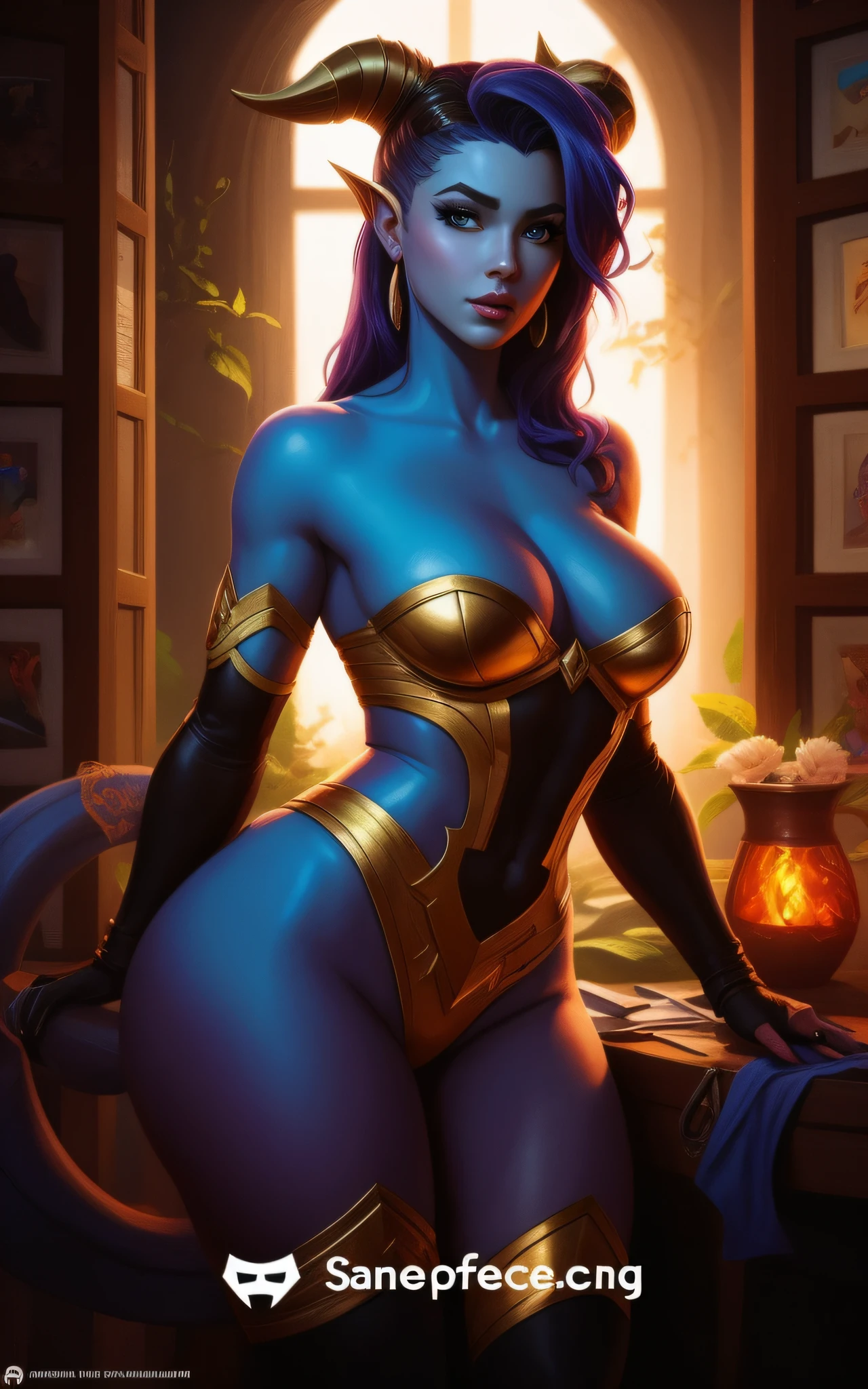 uma mulher em um traje azul com chifres e um top dourado, Artgerm Julie Bell Beeple, Artgerm extremamente detalhado, como visto no artgerm, estilo artgerm, Alena Aenami e Artgerm, trending artgerm, Samira de League of Legends, Artgerm Art, estilo artgerm