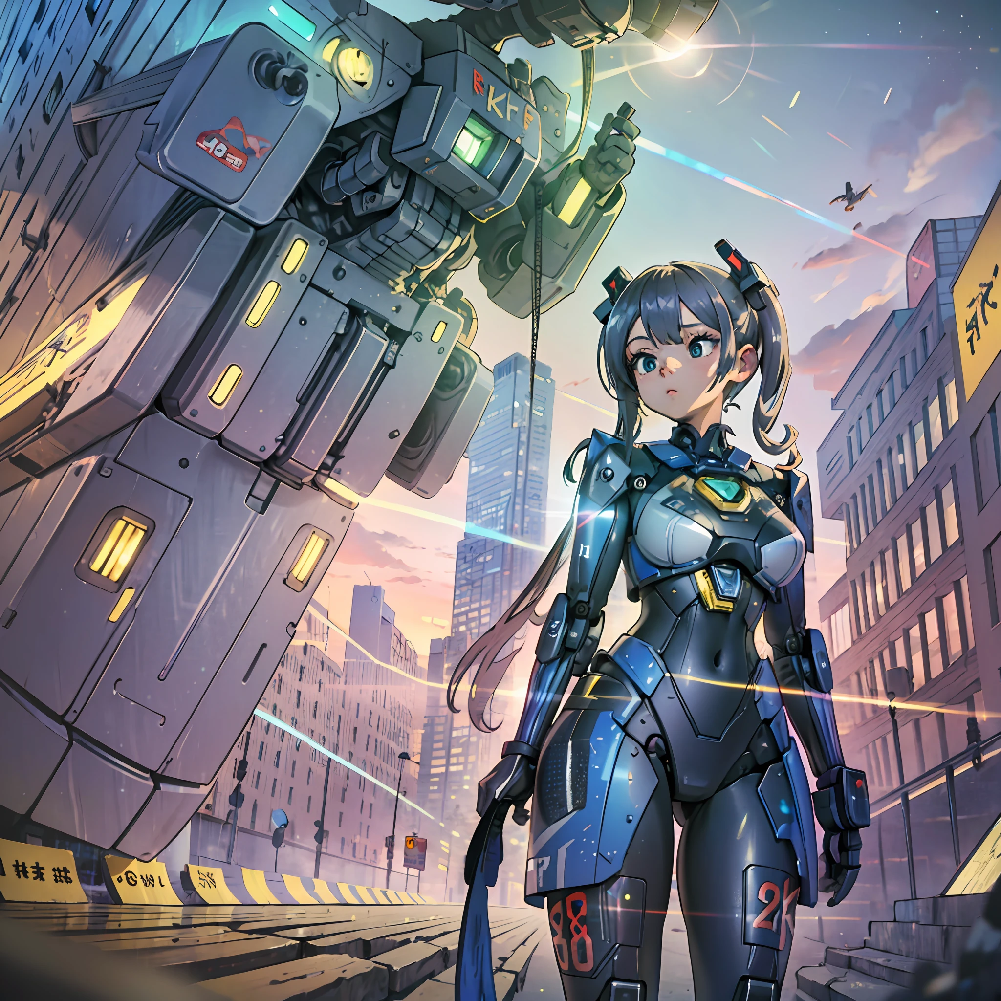 (award winning 8k concept art:1.3) of (young woman in front of giant robots:1.3), close to camera, sweet, front, epic, (masterpiece:1.4), (best quality:1.4), Amazing, beautiful, finely detailed, (Depth of field:1.4), 8k, fine art, stunning, (light reflections:1), (crisp:1.6), red twin tails, vibrant, (edge detection:1.4), absurdres, impressive, 120mm, clear, lens flare, wide shot, wide angle, colorful