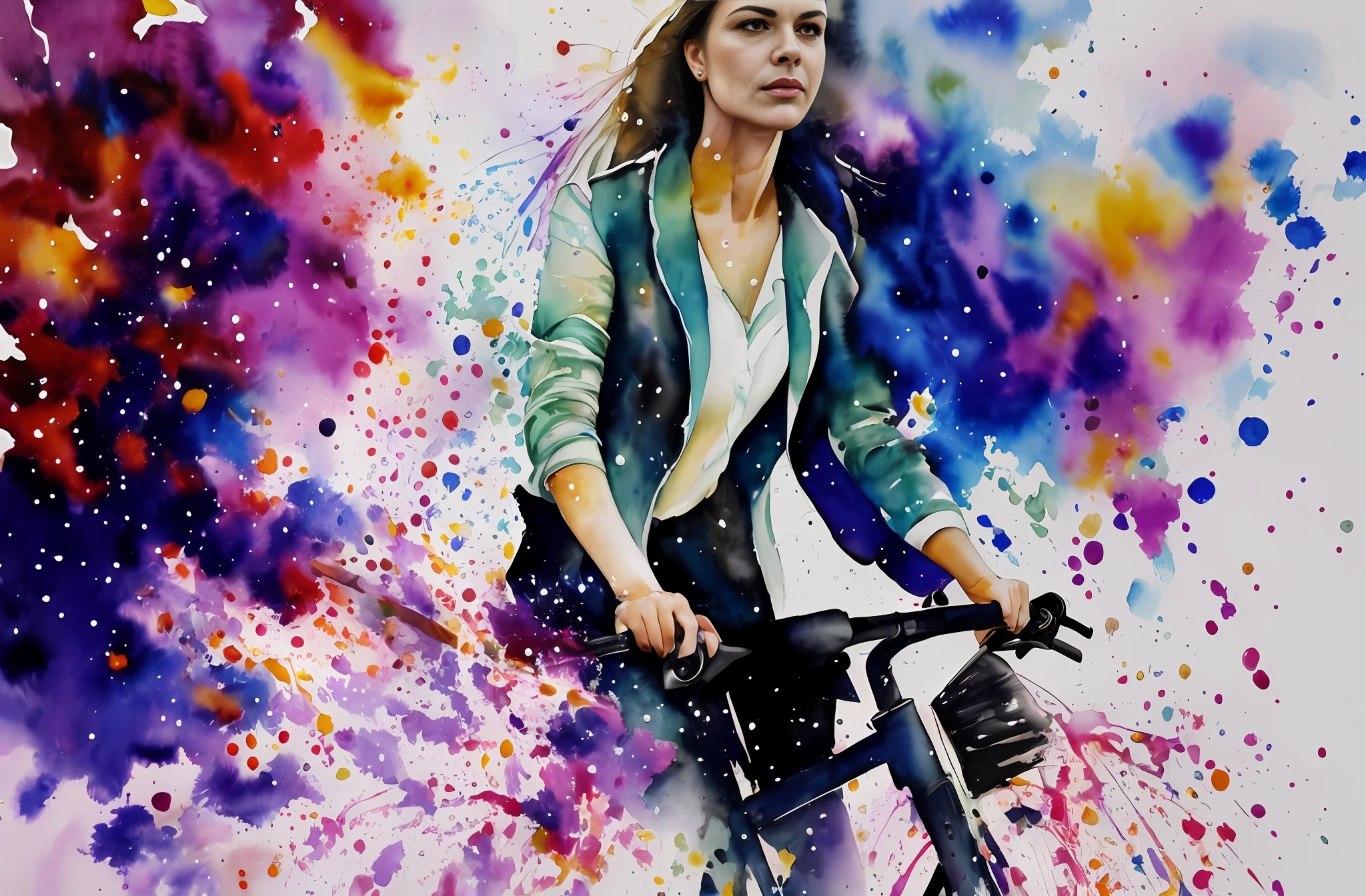 uma mulher linda andando de bicicleta no bosque, retrato de Willem Haenraets, aquarela, wet and splattered techniques, centrada, Perfectcomposition, Abstraction, surrealismo.