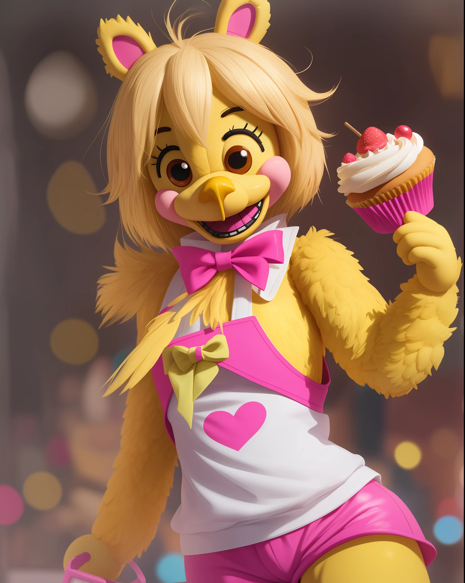 A highly detailed digital art rendition of Toy Chica from Five Nights at Freddy's. Toy Chica is a bright yellow chicken animatronic with long eyelashes, hot pink shorts, and a white bib that says "Let's Party!". She is posing cutely with a cupcake in her hand and smiling at the camera