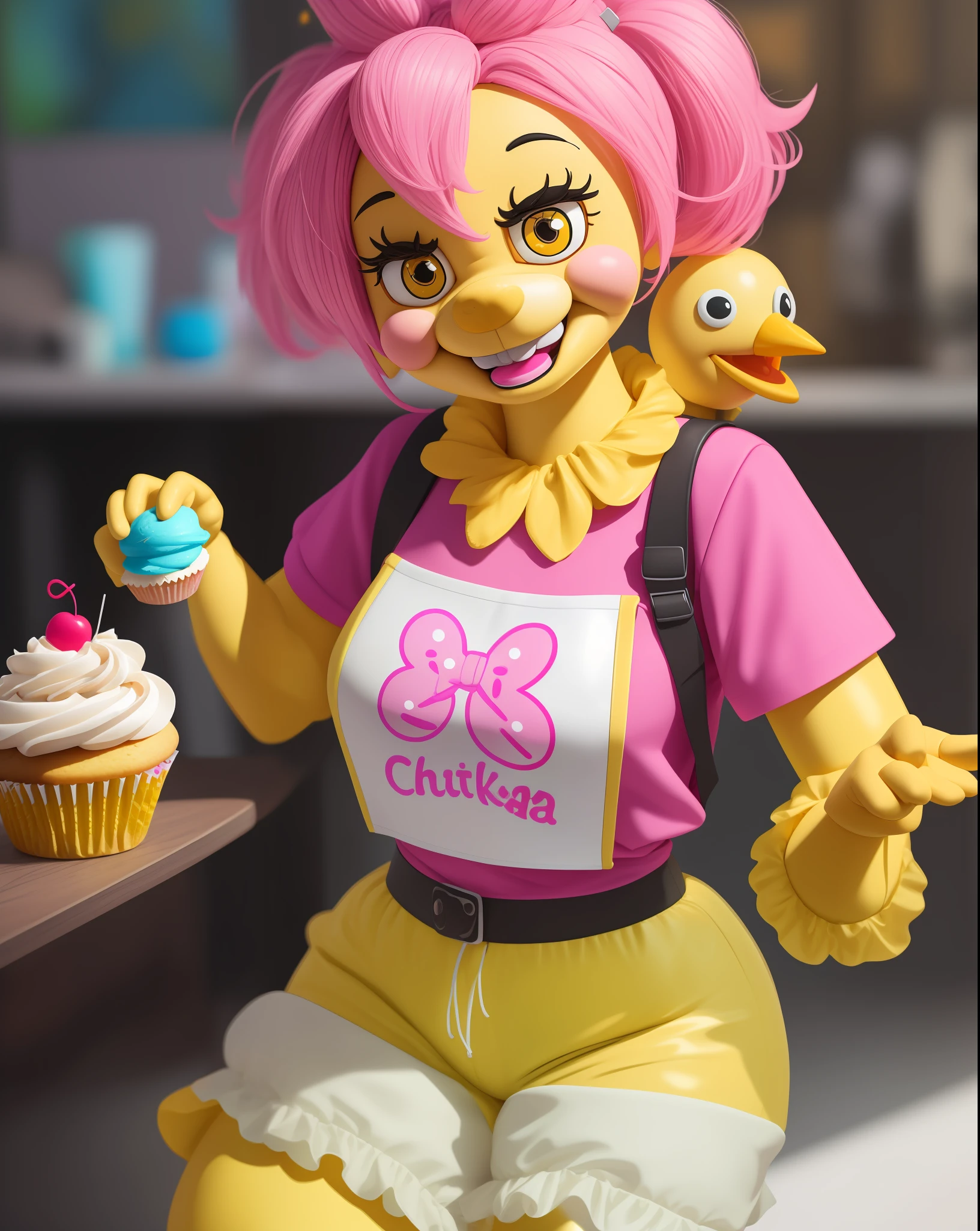 A highly detailed digital art rendition of Toy Chica from Five Nights at Freddy's. Toy Chica is a bright yellow chicken animatronic with long eyelashes, hot pink shorts, and a white bib that says "Let's Party!". She is posing cutely with a cupcake in her hand and smiling at the camera