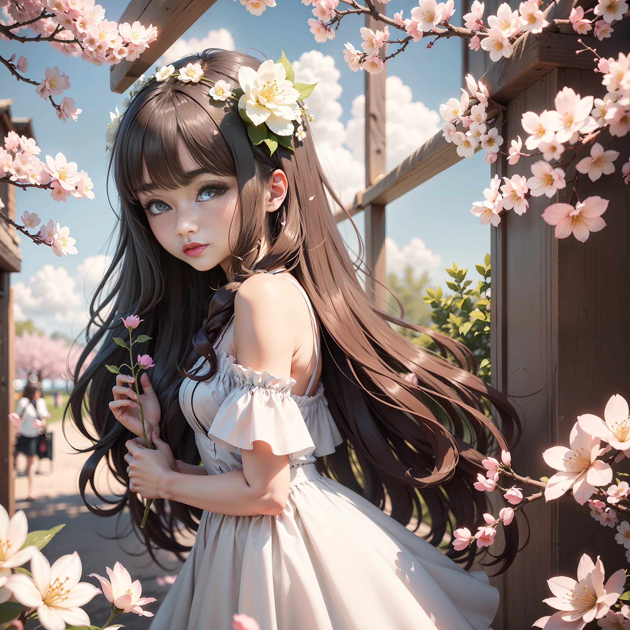 cherry_blossoms, falling_petals, petals, branch, pink_flower, 1girl,16-year-old, blue_sky, spring_\(season\), petals_on_liquid, flower, hanami, dress, (Long curly blonde hair：1.5), Wear a garland, sky,exteriors，the clouds，By bangs，smil，Dark green pupils，White dress embellished with cherry blossoms，naked shoulders，耳环，optimal quality。Perfect image quality。holding_flower，the wind，The tree，looking_at_viewer，cowboy shot，Detail Enhancement，Character strokes，Flat coating，Two-dimensional。