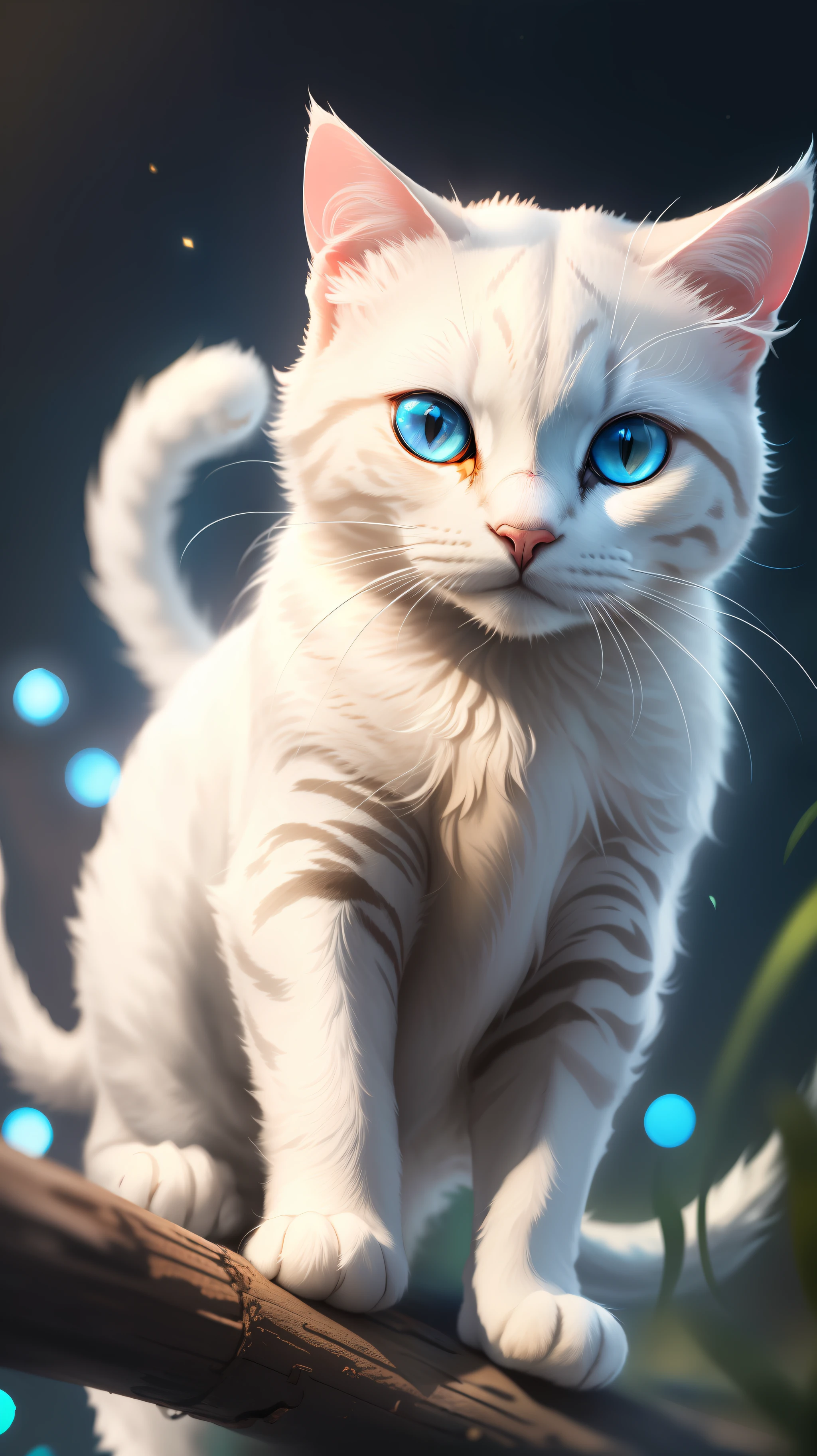 White cat,white cat in dark night and cat eye is glowing blue light, high quality,high resolution,dark background