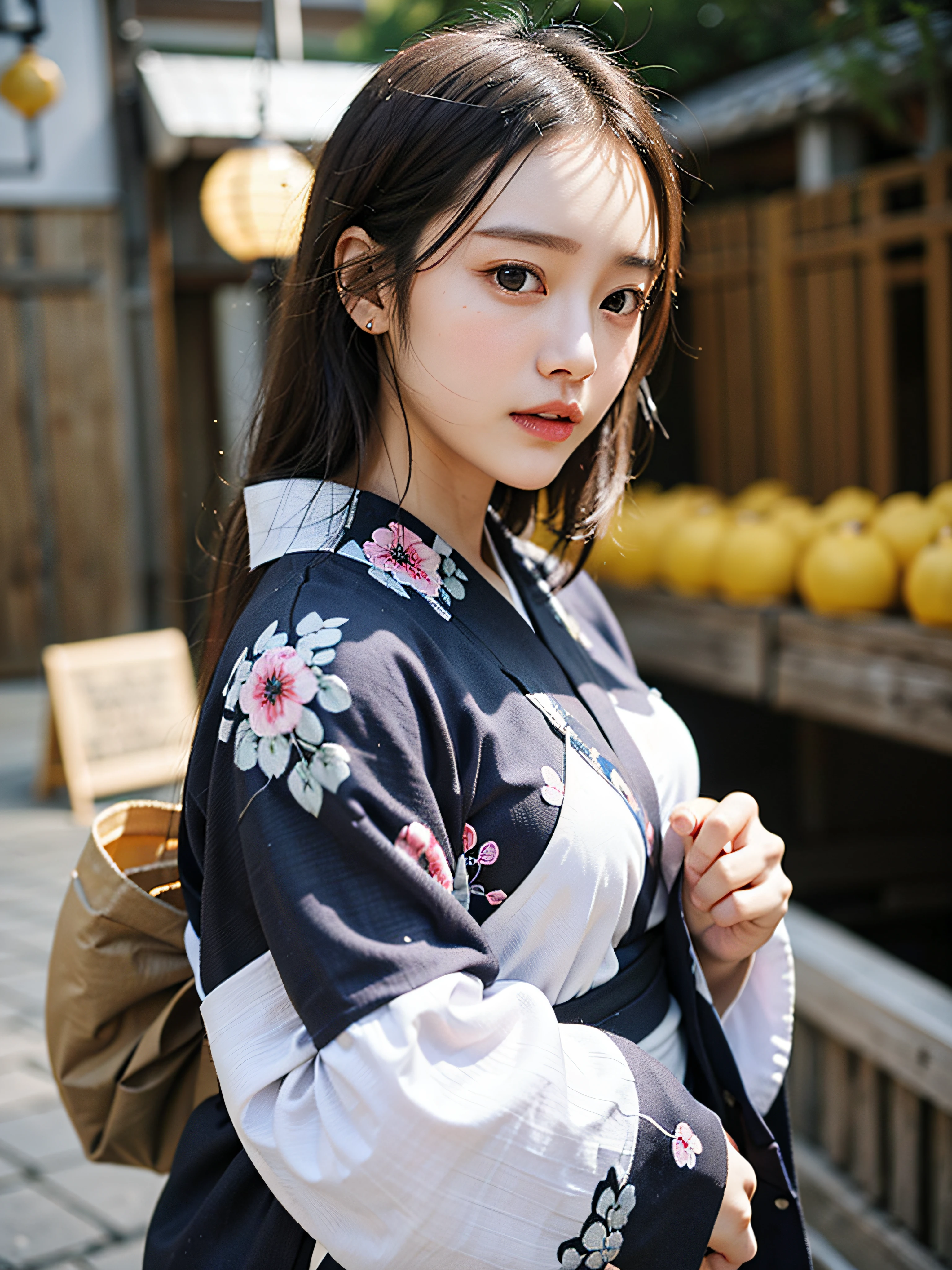 "(Maste Piece, Best Quality:1.2),(最好质量:1.2),(Master Master:1.2)、(巨作、Super Quality、Hi-Def、8K、intrikate:1.2)、(details face:1.2)、White Skin Skin、双眼皮、Detailed skin、((realisitic))、Good lighting quality、beautiful  Girl,Dignified face,Sareme,front facing, Hands together,Gasso, (black har)".in a kimono、Kimono、Black kimono、Vivid pattern、Exclusive Japan garden、