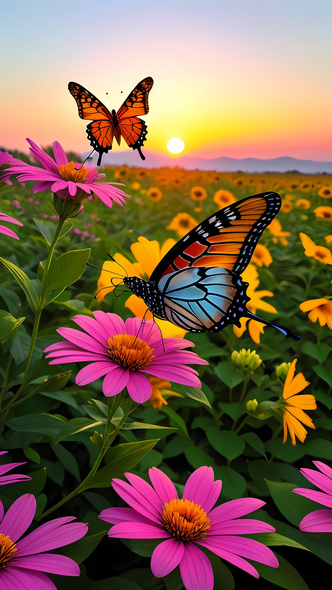 "Create an image inspired by nature, with flowers, butterflies and a sunset."