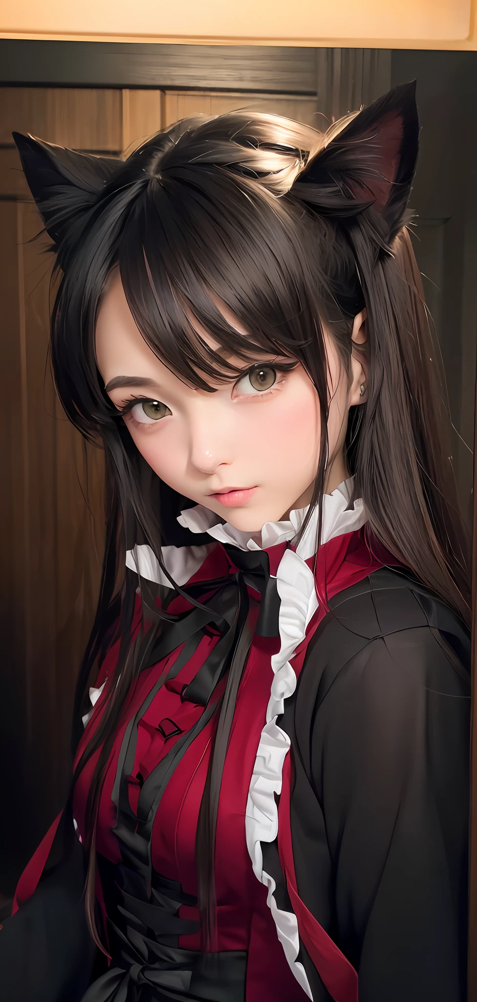 there is a woman in a red dress walking down a hallway, tohsaka-rin, Anime girl cosplay, anime style mixed with fujifilm, cosplay photo, Anime. Soft lighting, Anime cosplay, cosplay of a catboy! maid! Dress, Anime girl in real life, reimu hakurei, portrait of magical lolita girl, anime girl with cat ears，Seductive face