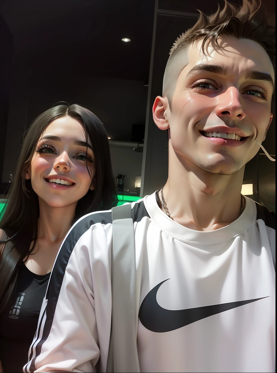 casal ciber punk a garota esta sorrindo tem olhos verdes o casal ela tem cabelo azul e ele branco