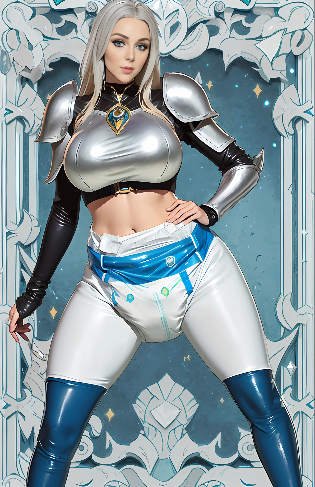 ((Lux)), (League), Demacia, Summoner's Rift, Riot Games, League of Legends, Enchantress, (blonde hair), (blue eyes), (silver armor), (blue leather leggings), (silver boots), sunshine, stone palace, sexy, wearing a ((big diaper)), (big breasts), (wide hips), ((mommydom))