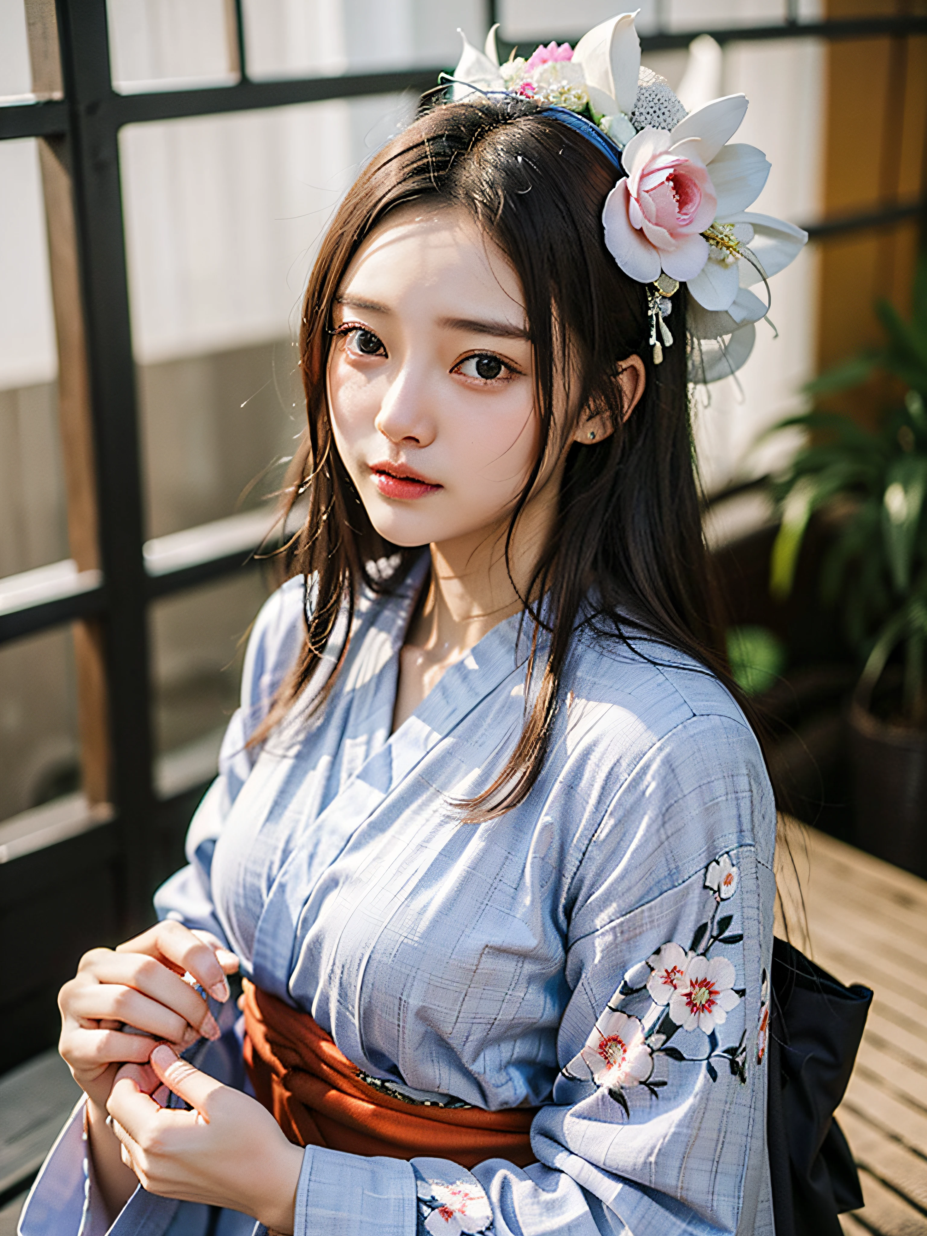 "(Maste Piece, Best Quality:1.2),(最好质量:1.2),(Master Master:1.2)、(巨作、Super Quality、Hi-Def、8K、intrikate:1.2)、(details face:1.2)、White Skin Skin、双眼皮、Detailed skin、((realisitic))、Good lighting quality、beautiful  Girl,Dignified face,Sareme,front facing, Hands together,Gasso, (black har)".in a kimono、Kimono、Black kimono、Vivid pattern、Exclusive Japan garden、