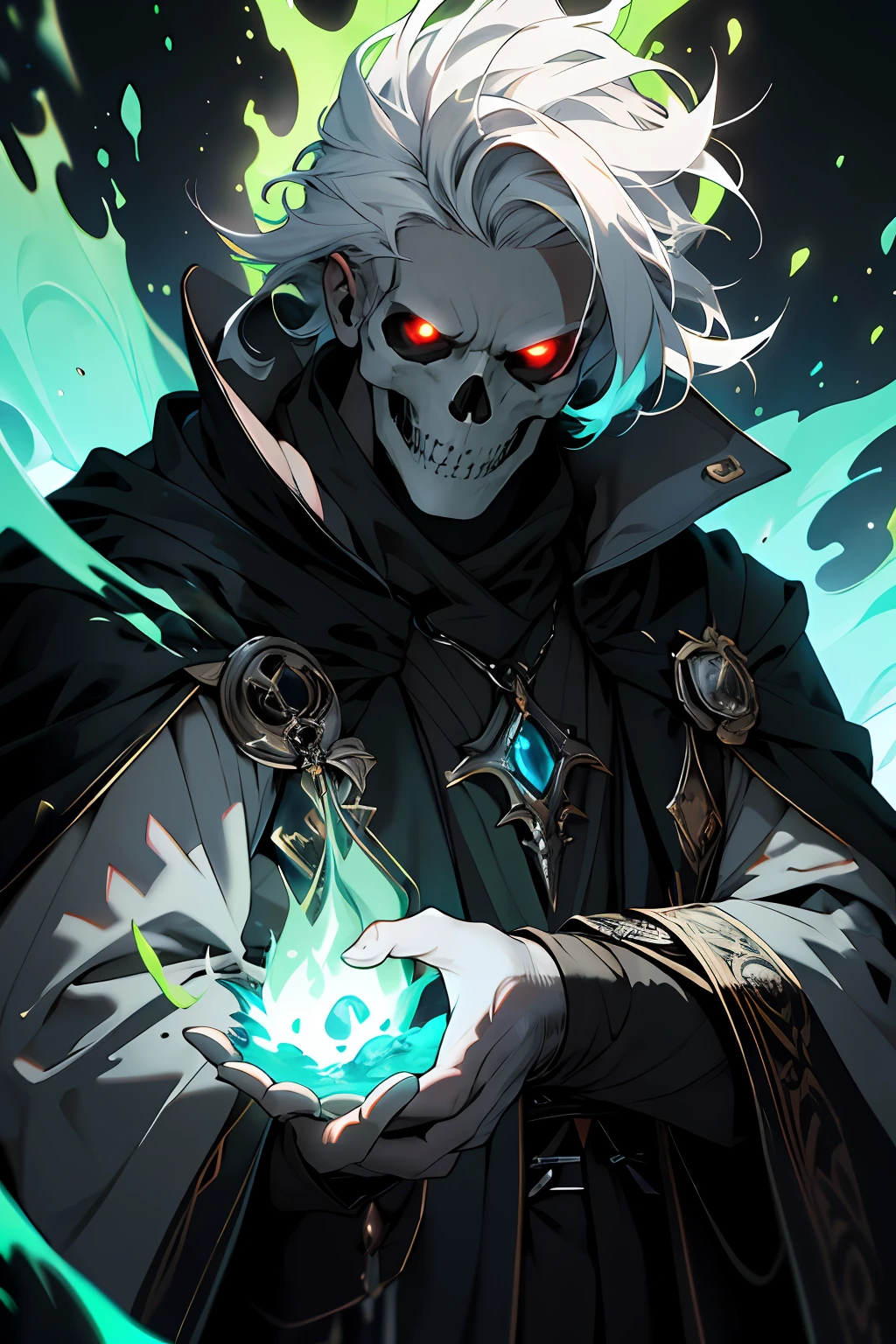Best quality, masterpiece, ultra high res,detailed background,realistic,hadesstyle,solo,male,mature,bara,muscular,mature male,short hair,facial hair,wizard,necromancer,skull,green fire,horror \(theme\),dark fantasy,evil,cape,depth of field