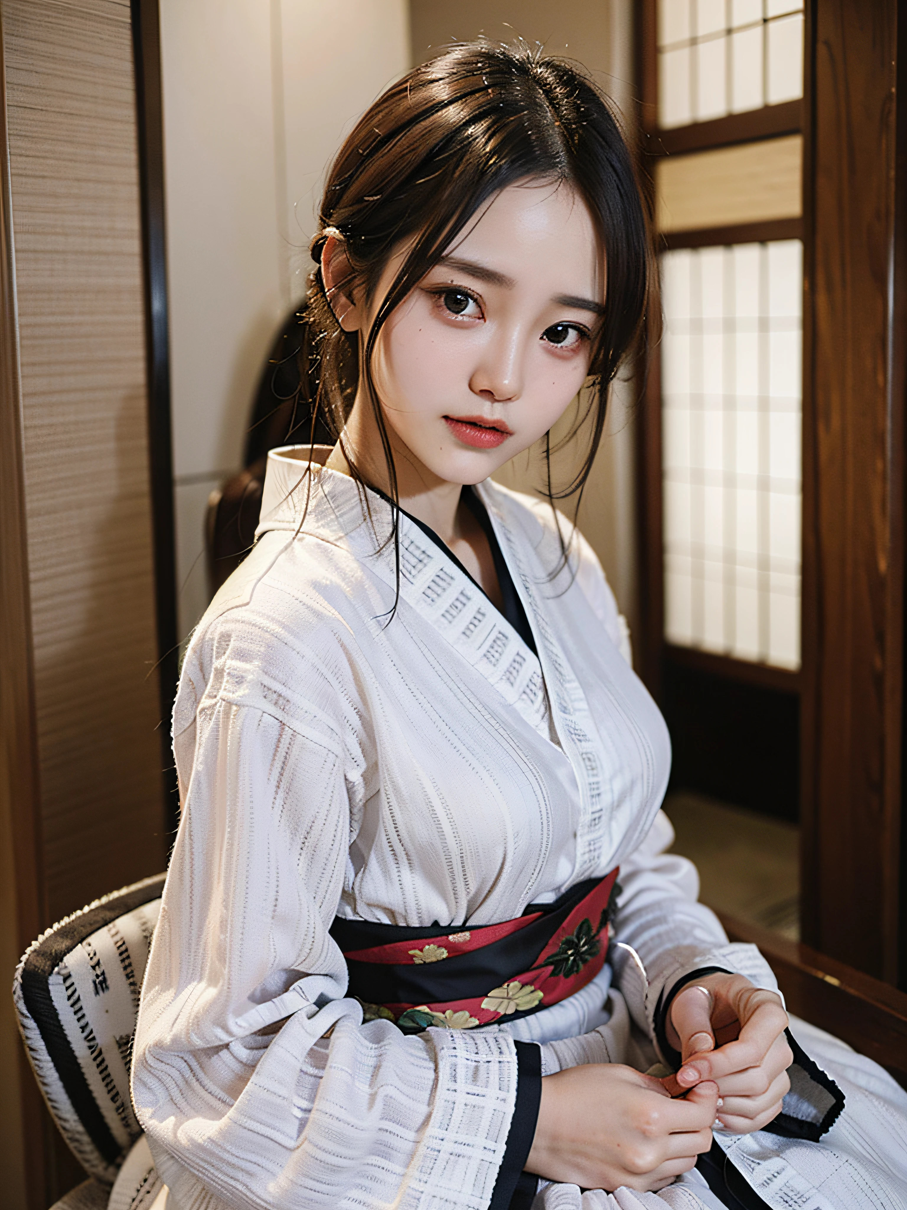 "(Maste Piece, Best Quality:1.2),(最好质量:1.2),(Master Master:1.2)、(巨作、Super Quality、Hi-Def、8K、intrikate:1.2)、(details face:1.2)、White Skin Skin、双眼皮、Detailed skin、((realisitic))、Good lighting quality、beautiful Girl,Dignified face,Sareme,front facing, Hands together,Gasso, (black har)".in a kimono、Kimono、Black kimono、Vivid pattern、Exclusive Japan garden、