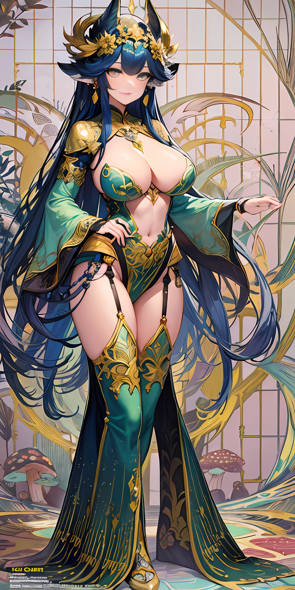 masterpiece, best quality, 1girl,highres, absurdres, full body,(ultra-detailed:1.1025), (illustration:1.1025), (infographic:1.1025), patent drawings, physical measurement,psychedelic details art, mushrooms,magical,trippy, beautiful face, seductive breast,sexy body,thick clothes,bodhisattva,(all clothes configuration:1.1025), stationery, (solo:1.1025),standing, cohesive background,normal hands, character sheet,(show upper body portrait)