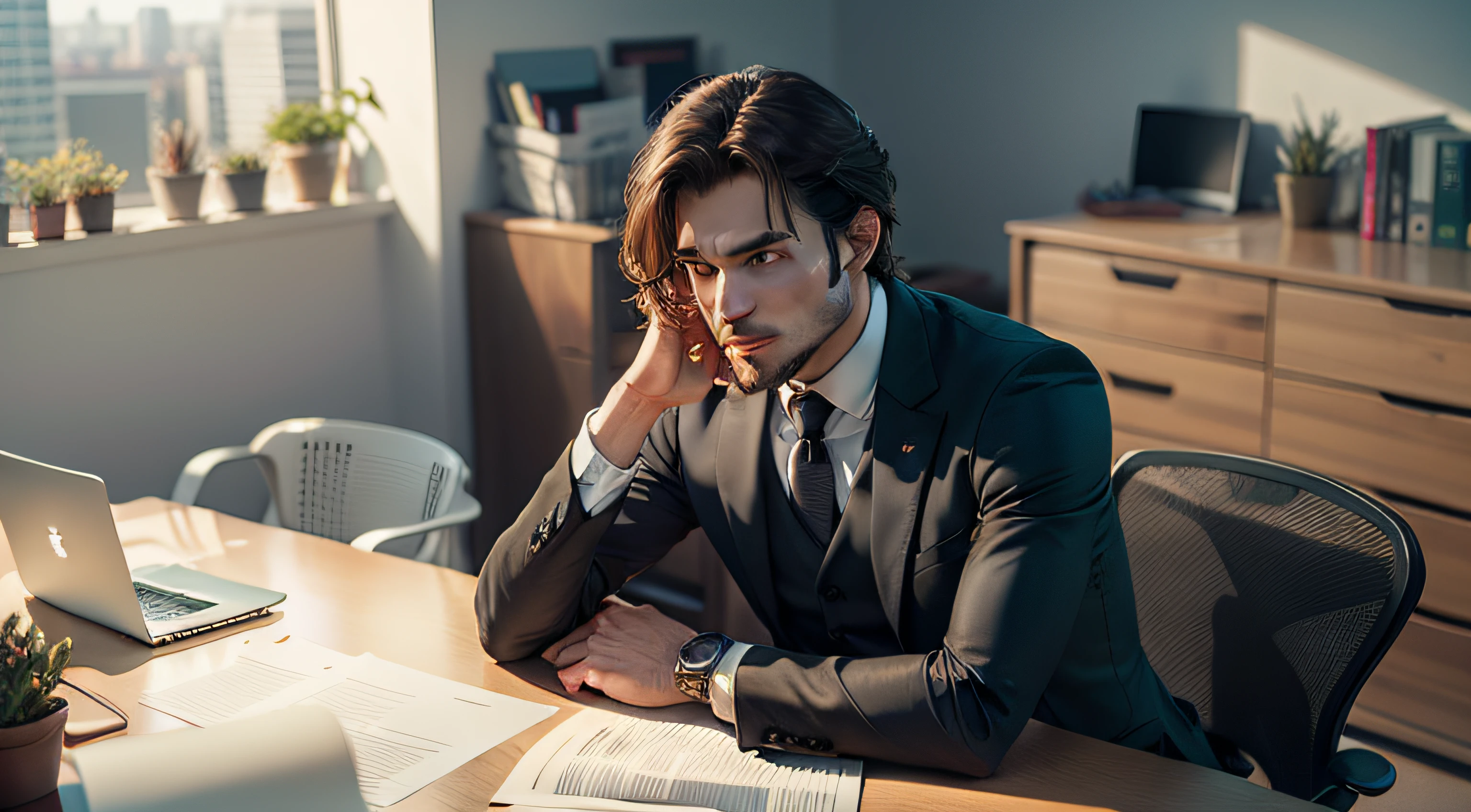 homem de terno conversando com mulher, homem de terno, mulher cantora, inside an office, office desk, papeis sobre a mesa, homem de costas, homem conversando com mulher