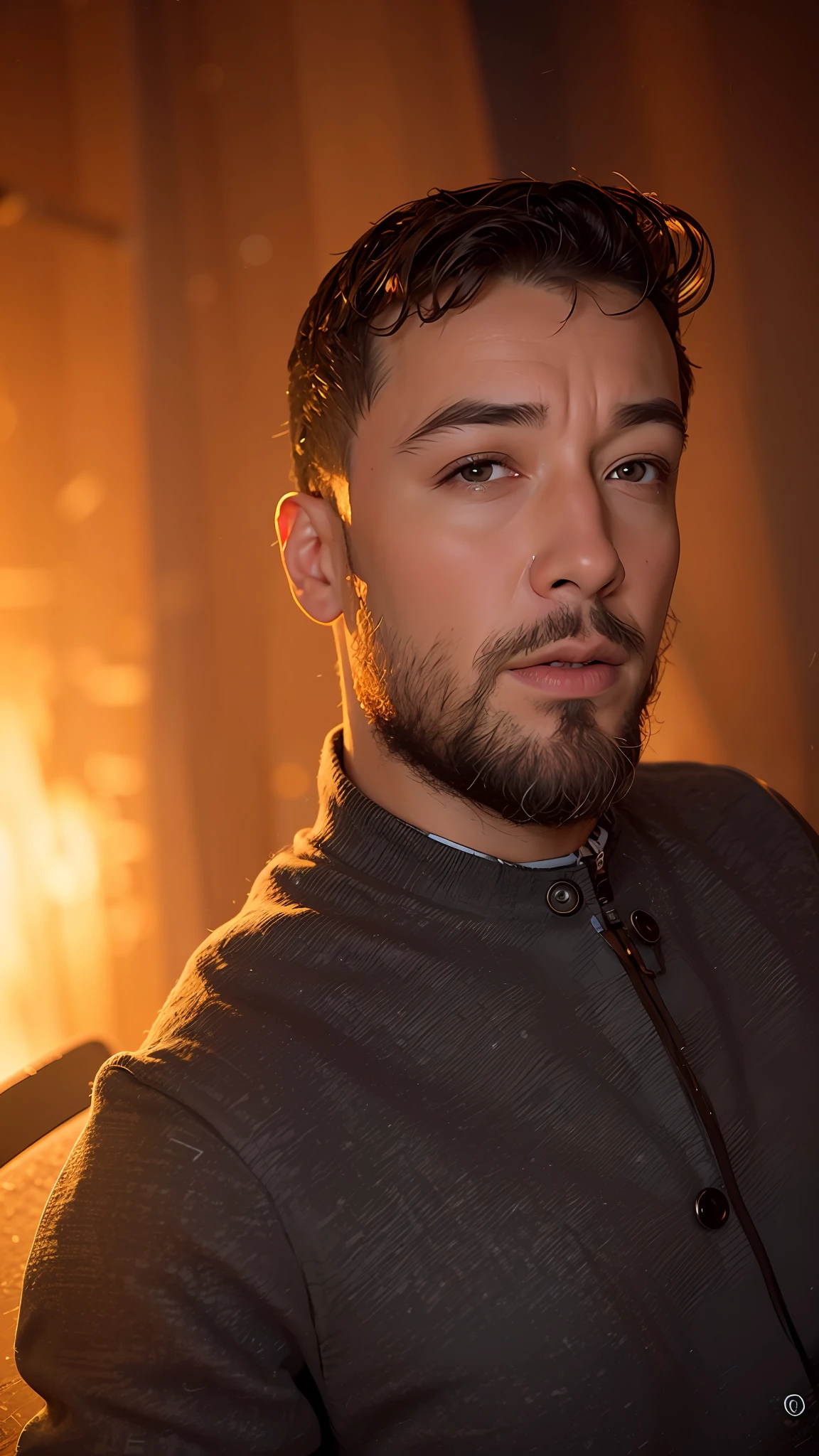 Mature male, little bearded, half-breasted, frowning,4k, high-res, masterpiece, best quality, sharp focus, (cinematic lighting), collarbone, [:(detailed face:1.2):0.2]