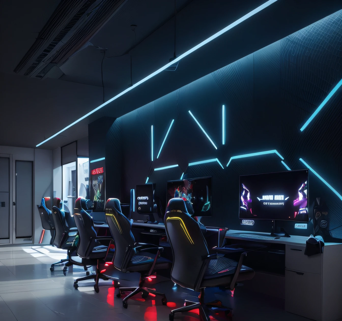a close up of a row of gaming chairs in a room, gamingroom, gaming room in 2 0 4 0, e-sport style, Esports, led gaming, Gaming, extreme render, gaming pc, videogame 3d render, in a cyberpunk themed room, Futuristic room, gaming chair, alienware, with neon lights, cyberpunk interior, futuristic interior