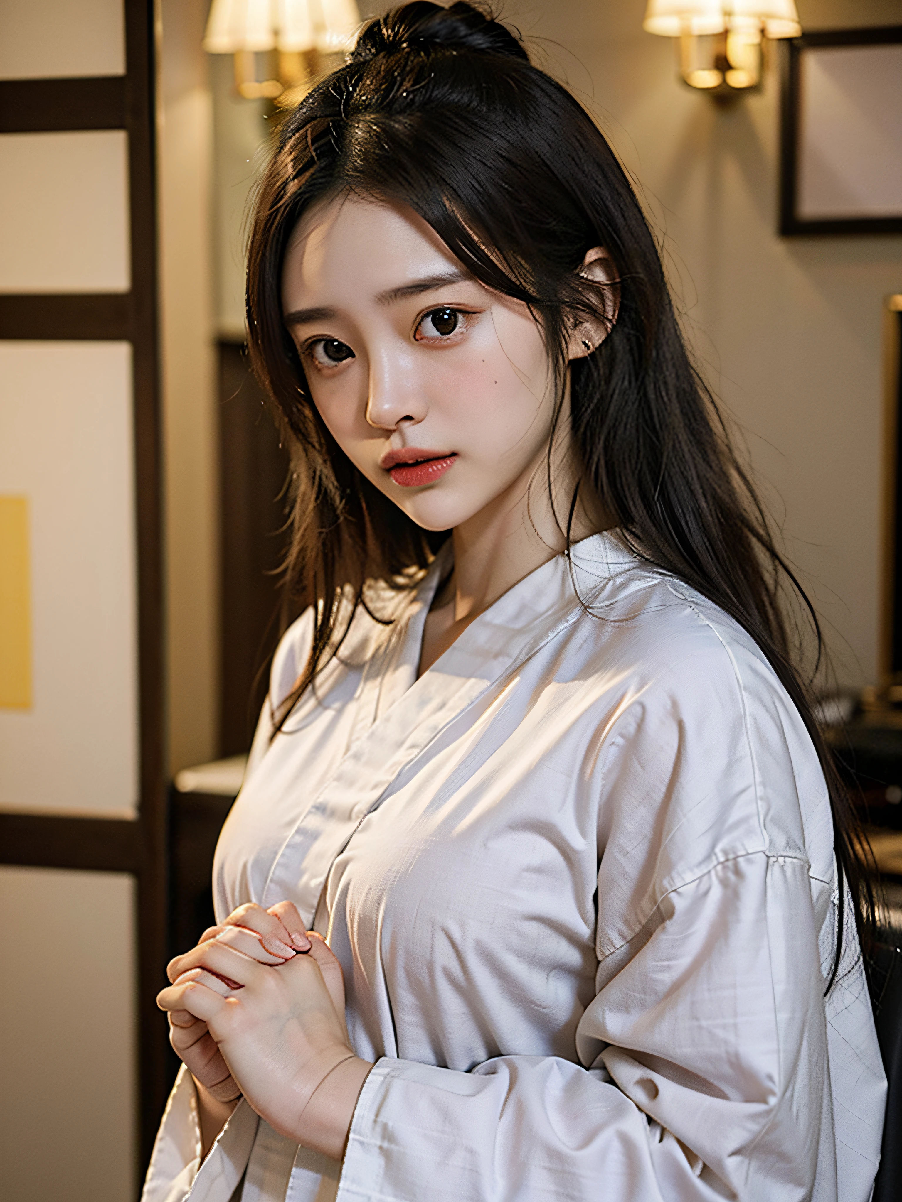 "(Maste Piece, Best Quality:1.2),(最好质量:1.2),(Master Master:1.2)、(巨作、Super Quality、Hi-Def、8K、intrikate:1.2)、(details face:1.2)、White Skin Skin、双眼皮、Detailed skin、((realisitic))、Good lighting quality、beautiful Girl,Dignified face,Sareme,front facing, Hands together,Gasso, (black har)".in a kimono、Kimono、Black kimono、Vivid pattern、Exclusive Japan garden、