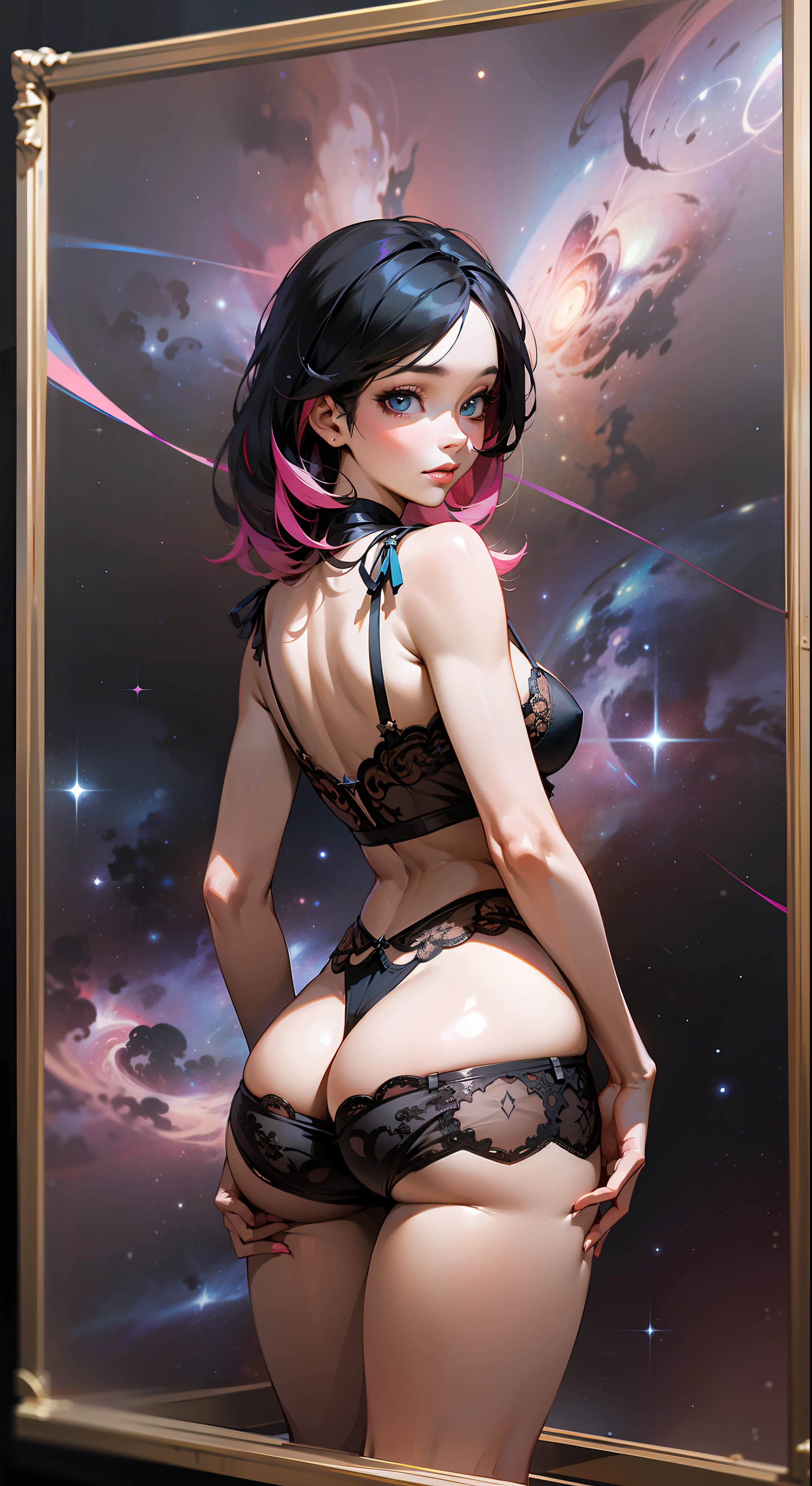 beautiful woman with black hair with pink streaks,big ass, standing, posing, sensual, sexy, realistic, perfect quality, realistic face, realistic eyes,vision behind the ass, pastel blue sensual lingerie, cosmic nebula stars background