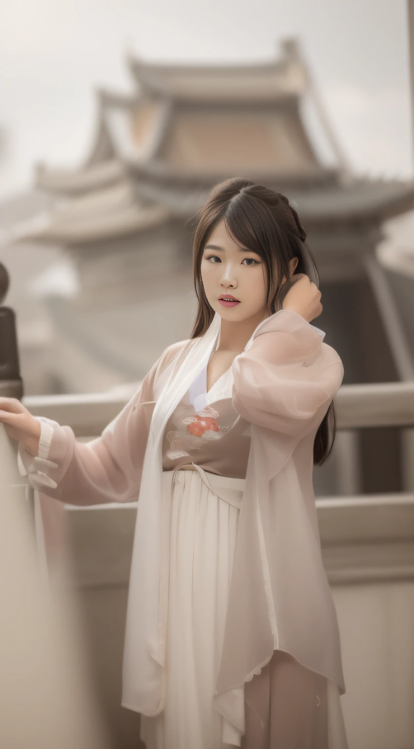 A young asian woman leans against a railing in a white shirt,The background is the building, royal palace , A girl in Hanfu, White Hanfu, with acient chinese clothes, Chinese girl, Wearing ancient Chinese clothes, A young Asian woman, Traditional Chinese clothing, young asian girl, dressed with long fluent clothes, Hanfu
