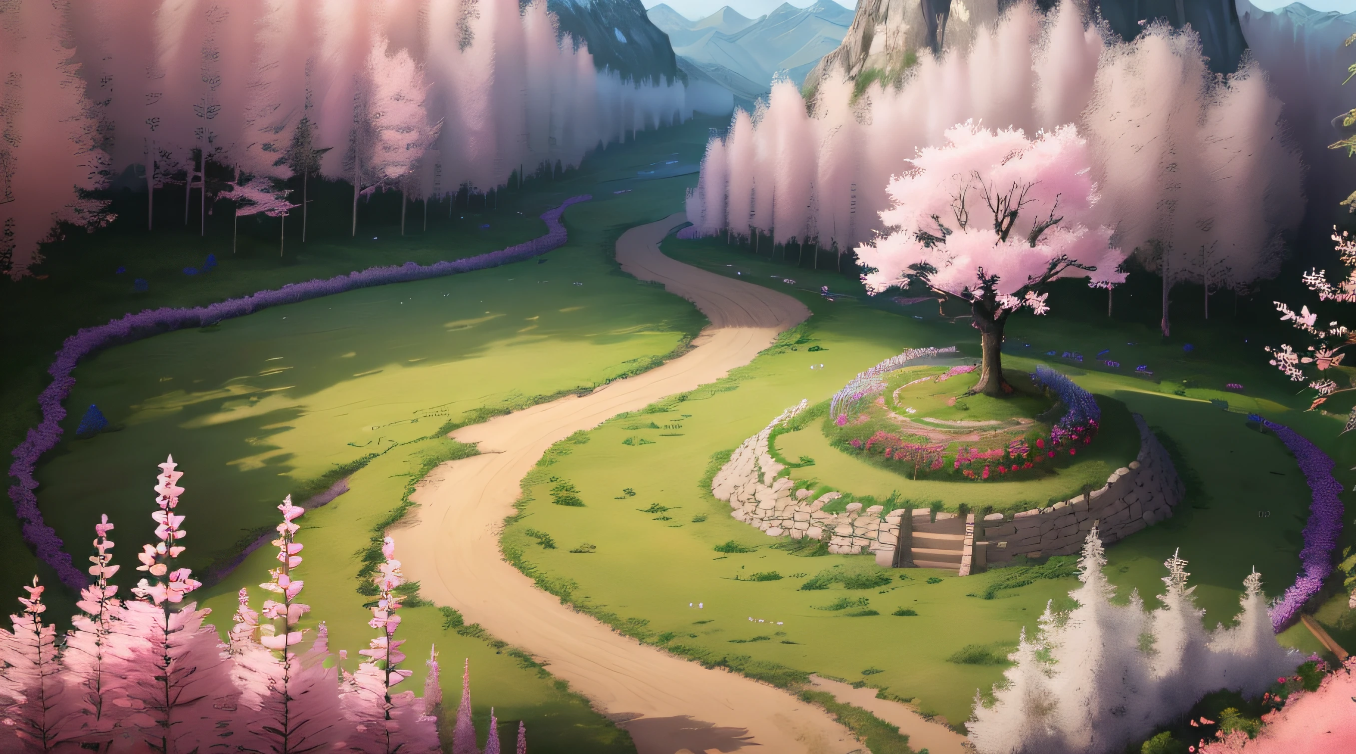 Satellite map, Cherry blossom forest, Mountain, Plain of the Sea of Flowers, Soil slope, cave, Pink tree, Vanilla field, UHD, masterpiece, super detail, high quality, best quality, 8k, highres（（生成）），背景艺术品