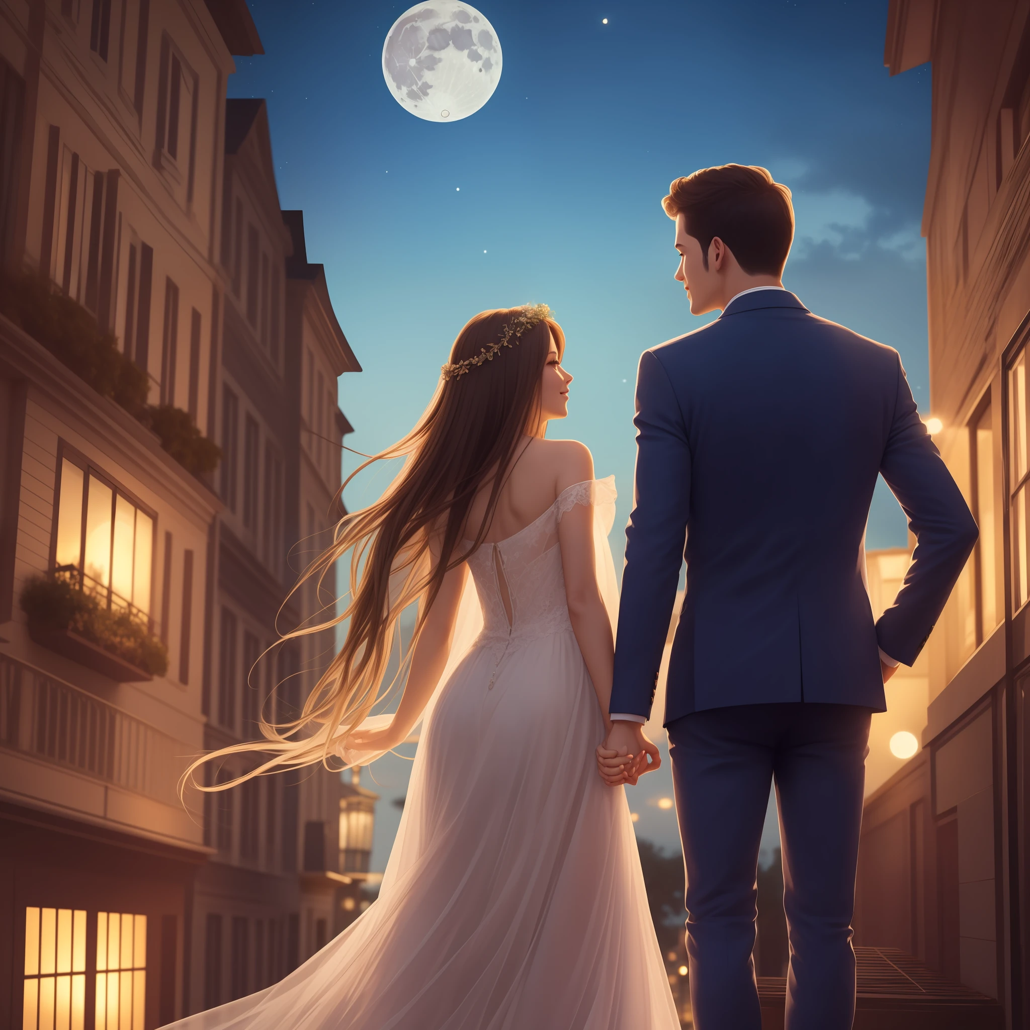 beautiful woman and handsome man, standing on a balcony at night, holding hands, looking at the moon and stars in the sky, romantic summer night, close up