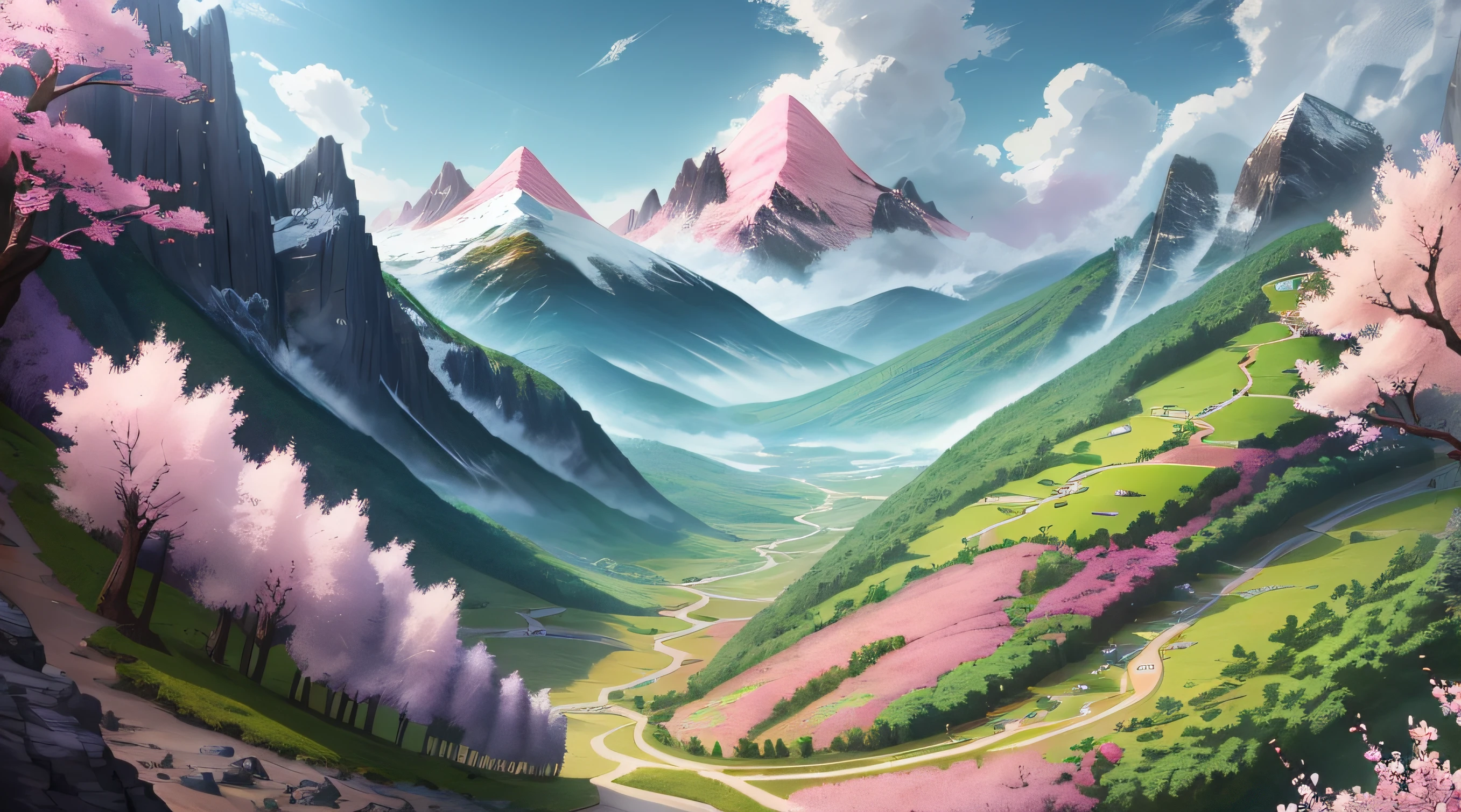 Satellite map, Cherry blossom forest, Mountain, Plain of the Sea of Flowers, Soil slope, cave, Pink tree, Vanilla field, UHD, masterpiece, super detail, high quality, best quality, 8k, highres（（生成）），背景艺术品