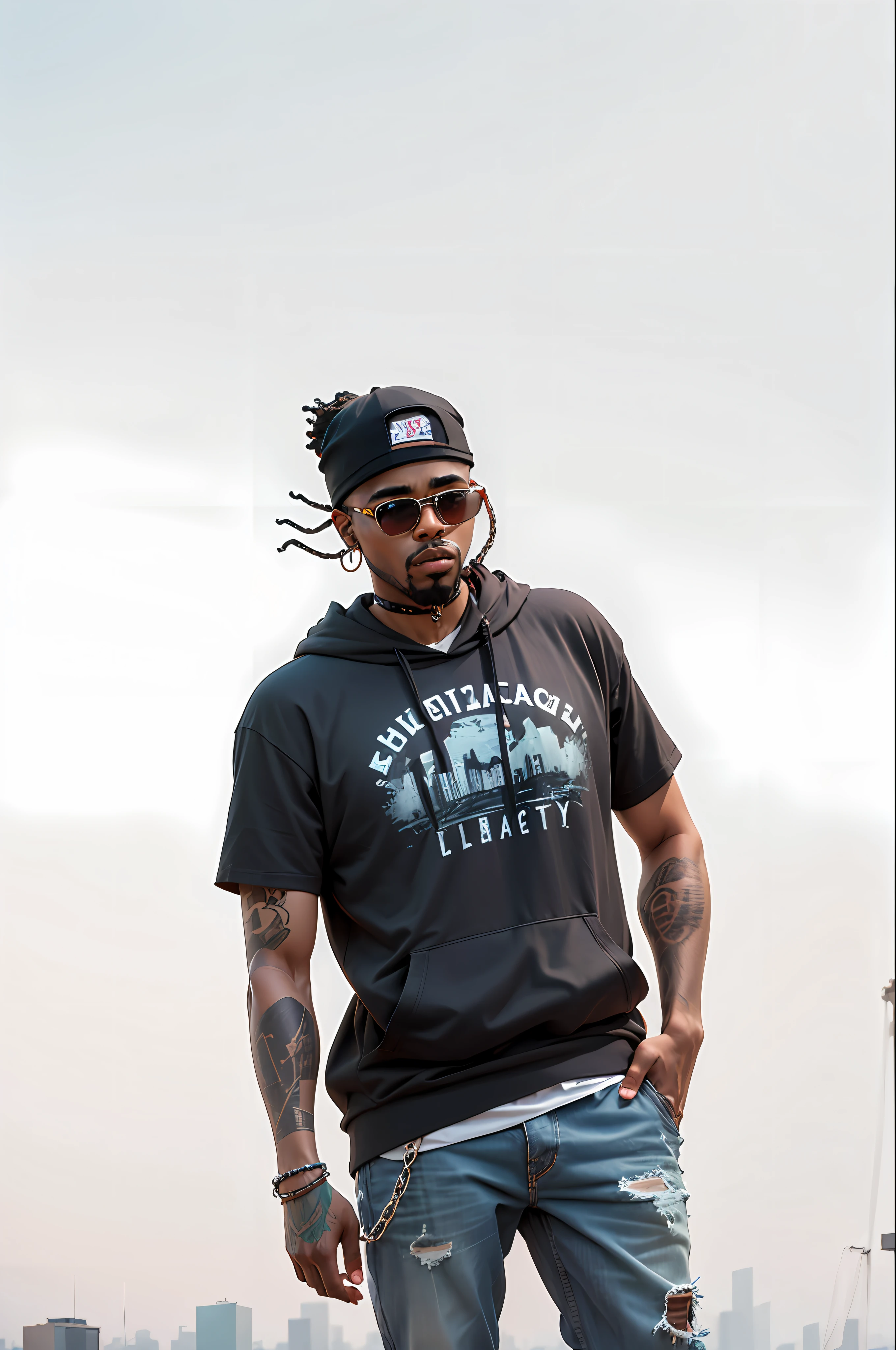 Araffe Man in a black hoodie and black cap speaking in a micro, NAS, rapper on stage at the festival, Rapper, live at lollapalooza, in front of a large crowd, big head on stage, teddy fresh, : Kendrick Lamar, on stage, Kendrick Lamar, rap, Chicago, Boston, Tyler, recognizable, performing, 2019 , tattoos, chains around the neck, black glasses, The city in the background --auto --s2