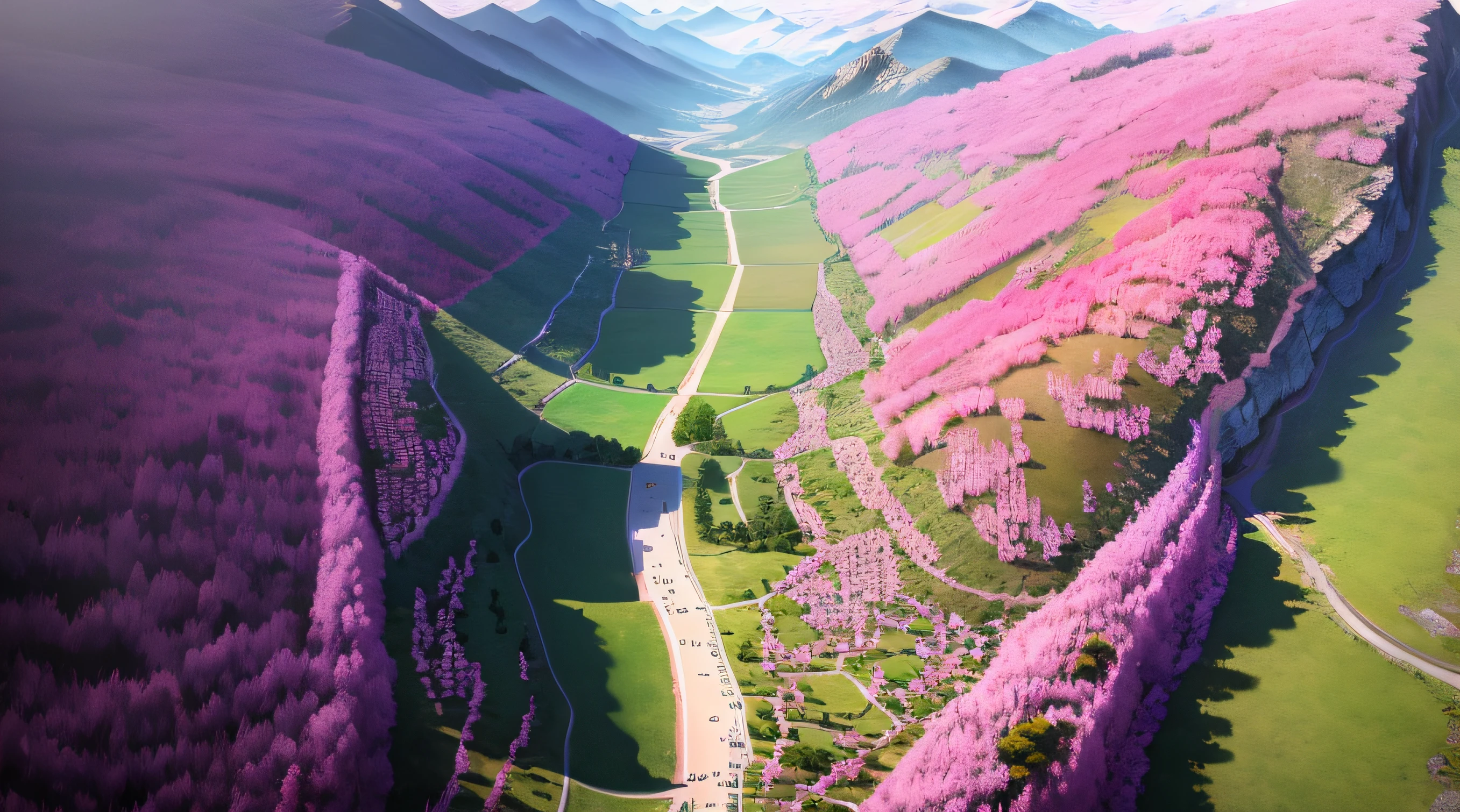 Satellite map, Cherry blossom forest, Mountain, Plain of the Sea of Flowers, Soil slope, cave, Pink tree, Vanilla field, UHD, masterpiece, super detail, high quality, best quality, 8k, highres（（生成）），背景艺术品