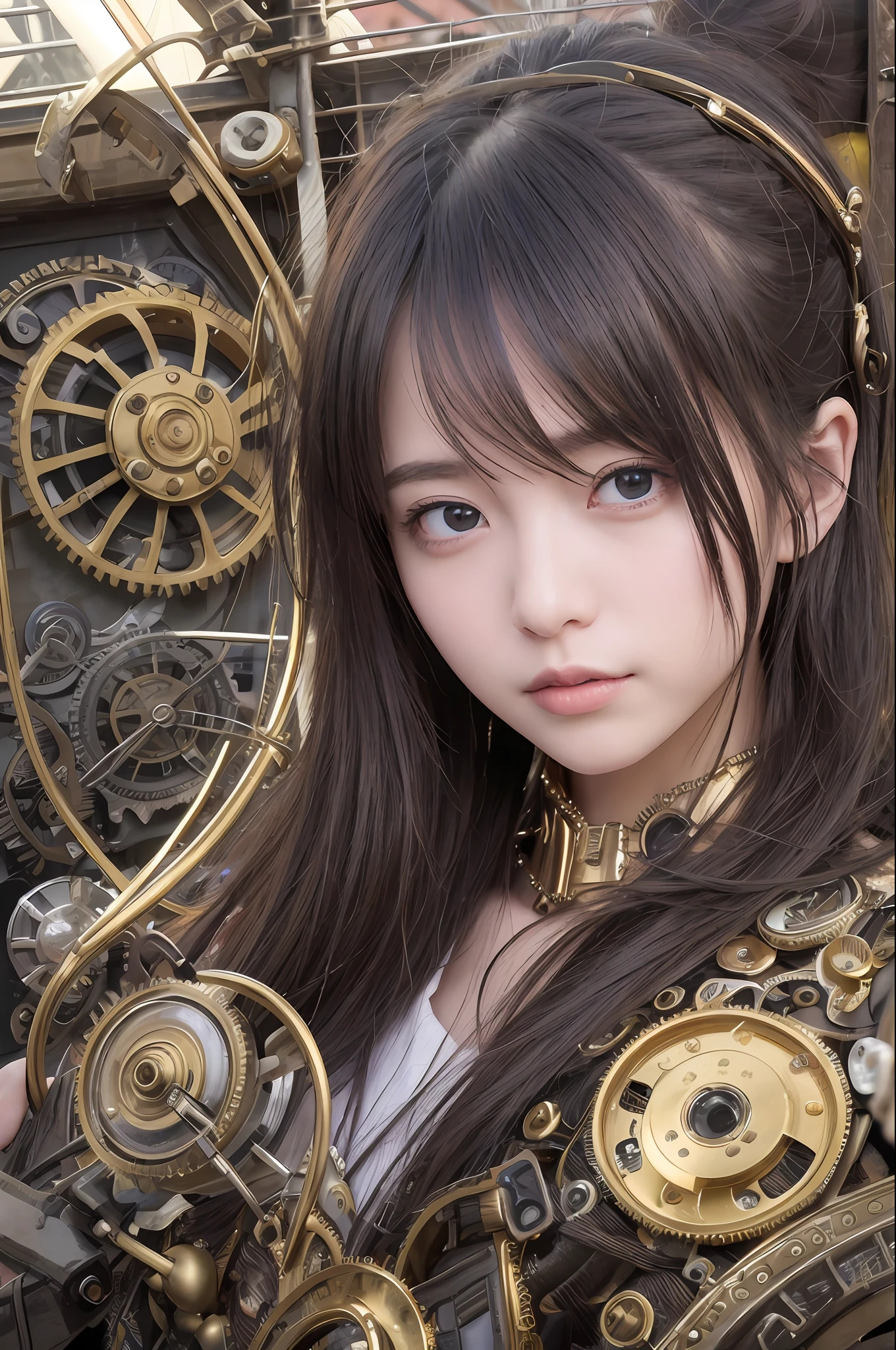 最好质量、巨作、ultra-high-resolution、(photoreallistic:1.4)、Raw photo、女の子1人、Black hair、glowy skin、1 Mechanical Girl、((hyper realistic detail))、portlate、Global Illumination、Shadow、octane rend、8K、ultrasharp、big tit、Raw skin is exposed in cleavage、metals、Details of complex ornaments、Steampunk details、Analog Meter、cog、gear、Golden hydraulic cylinder、hyper intricate details、Realistic light、CGSoation Trends、purple colored eyes、eyes glowing、Facing the camera、neon details、Mechanical limbs、blood vessels connected to tubes、Mechanical vertebrae attached to the back、mechanical cervical attaching to neck、sitting on、Wires and cables connecting to the head、vacuum tubes、cog、meter、Gundam、Small LED lamp、The background is a steampunk city、