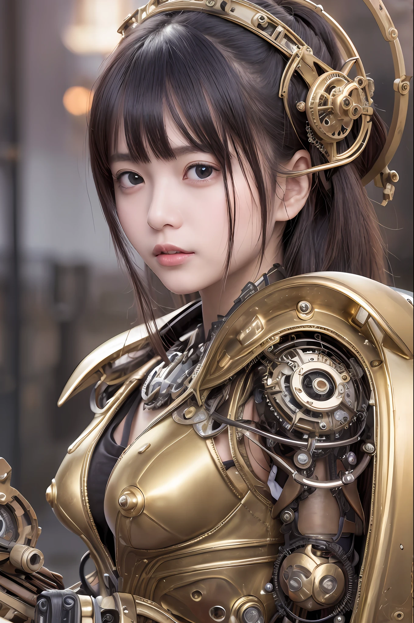 最好质量、巨作、ultra-high-resolution、(photoreallistic:1.4)、Raw photo、女の子1人、Black hair、glowy skin、1 Mechanical Girl、((hyper realistic detail))、portlate、Global Illumination、Shadow、octane rend、8K、ultrasharp、big tit、Raw skin is exposed in cleavage、metals、Details of complex ornaments、Steampunk details、Analog Meter、cog、gear、Golden hydraulic cylinder、hyper intricate details、Realistic light、CGSoation Trends、purple colored eyes、eyes glowing、Facing the camera、neon details、Mechanical limbs、blood vessels connected to tubes、Mechanical vertebrae attached to the back、mechanical cervical attaching to neck、sitting on、Wires and cables connecting to the head、vacuum tubes、cog、meter、Gundam、Small LED lamp、The background is a steampunk city、