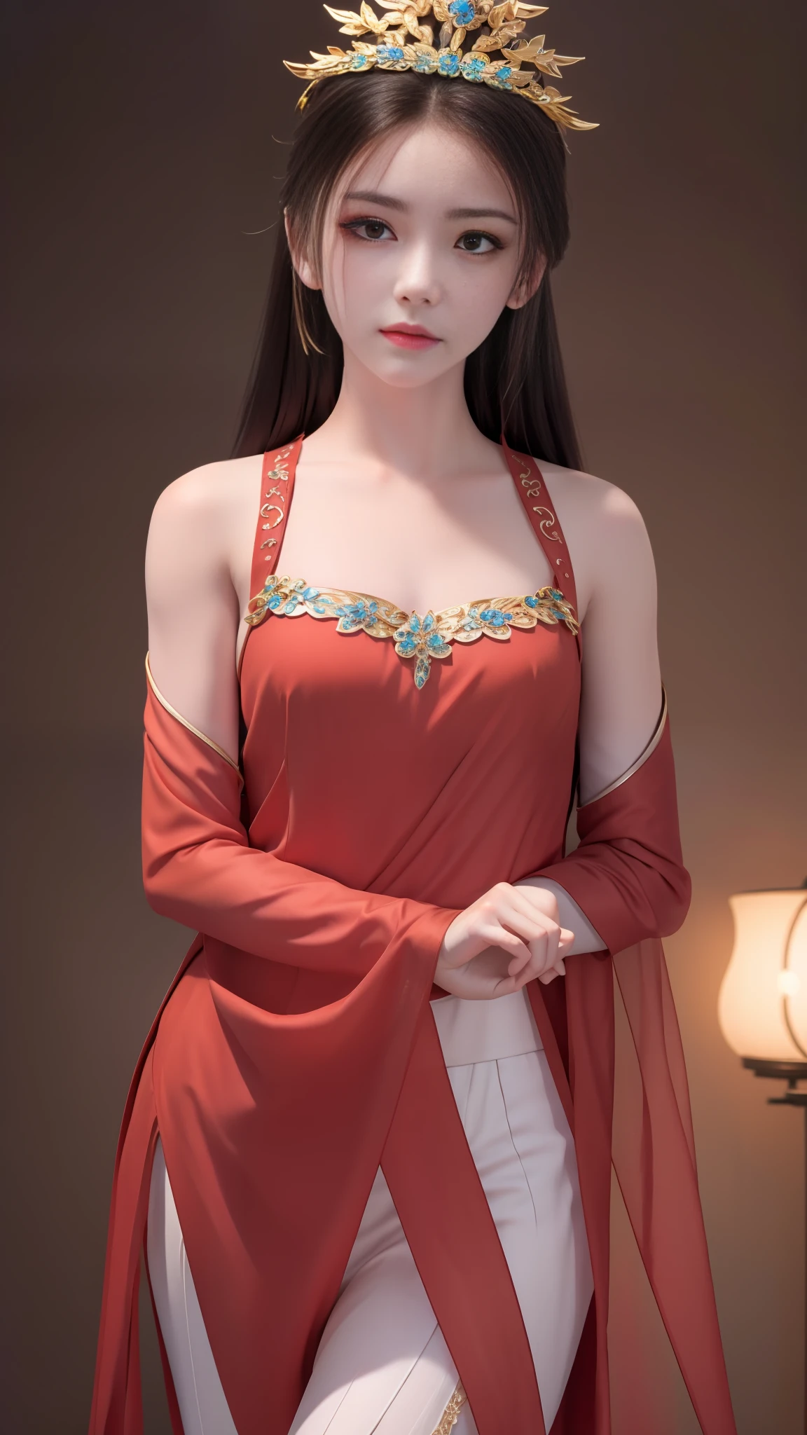 masterpiece,best quality,1girl, brown eyes, black_hair, chinese clothes,red dress,crown,jewelry,hair ornament,looking_at_viewer, cowboy shot,