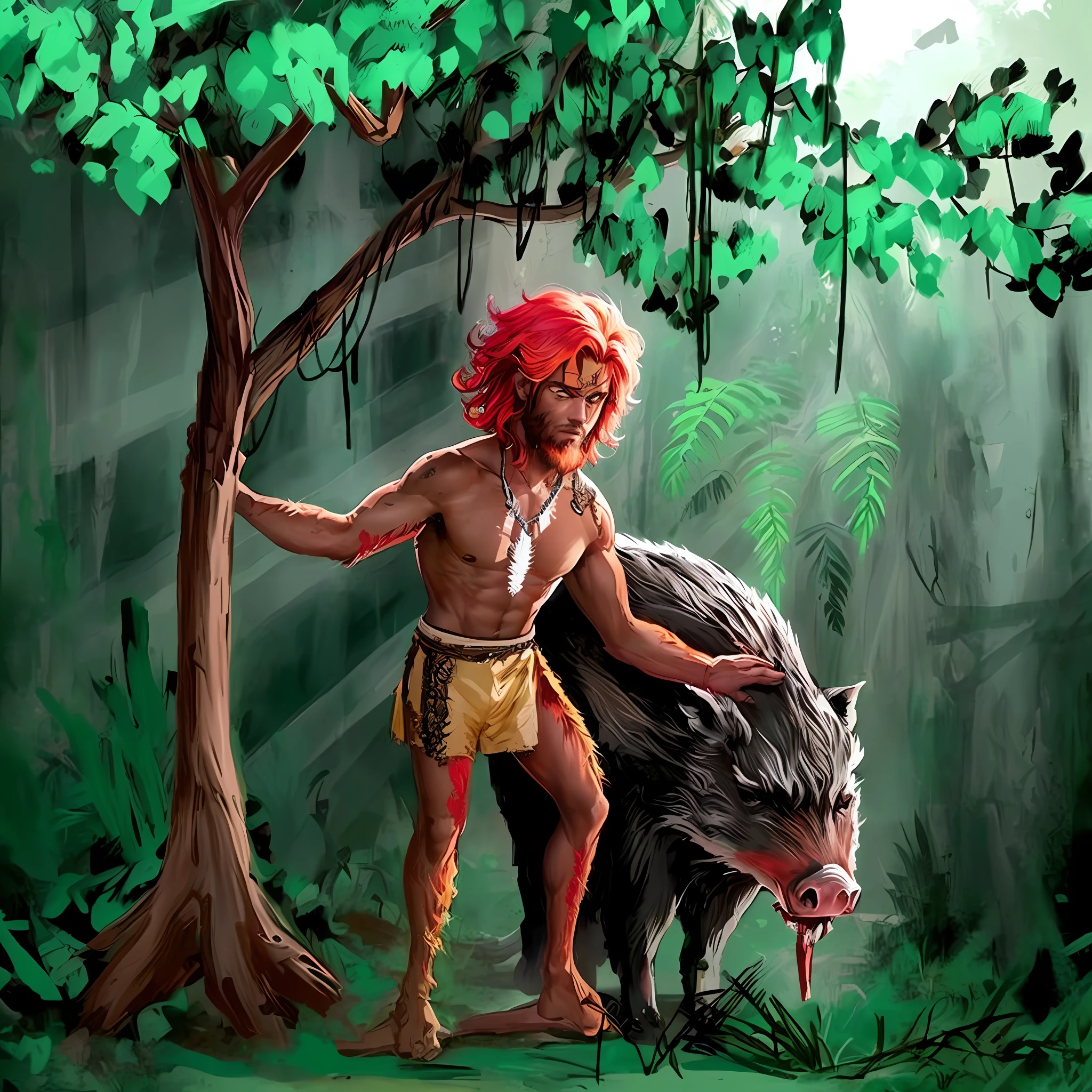 Painting of a man with a fire hair and a red head next to a wild boar, alternate album cover, Album art, vestindo roupas de homem das cavernas, arte da capa, Directed by: Maxwell Bates, album cover, No estilo de filme Croods, Senhor da Selva, epic full color illustration, Deus da Floresta, Fanart, story book illustration
