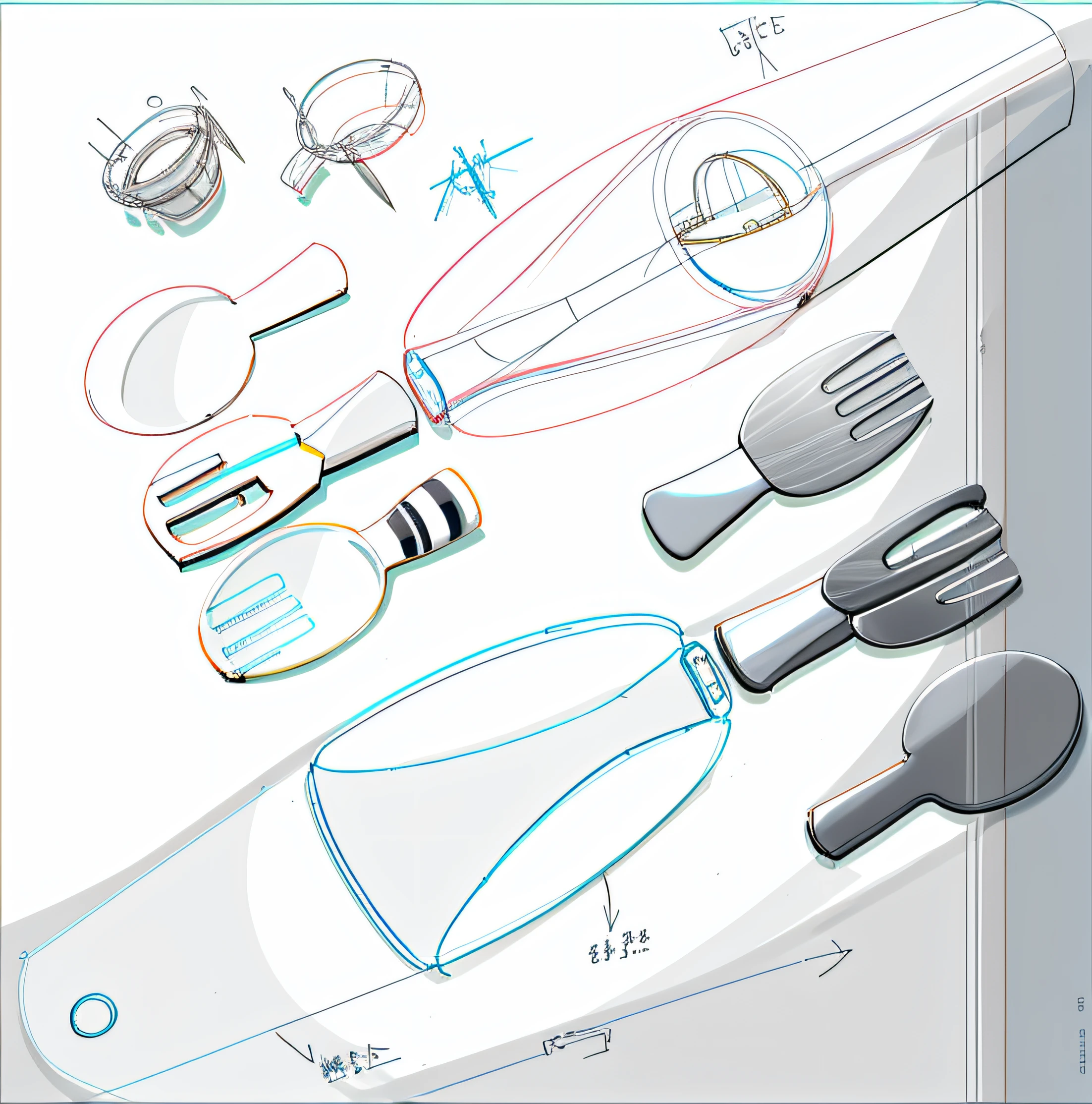 sketches of a set of kitchen utensils and a spoon, technical sketch, prop design, simple bionic exploded drawing, conceptual drawing, detailed technical drawing, concept sketches, concept illustration, technical drawings, outline drawing, bionic exploded drawing, stylized linework, concept design, product design shot, Technical drawing, concept piece, heavily stylized, exploded view, cutlery