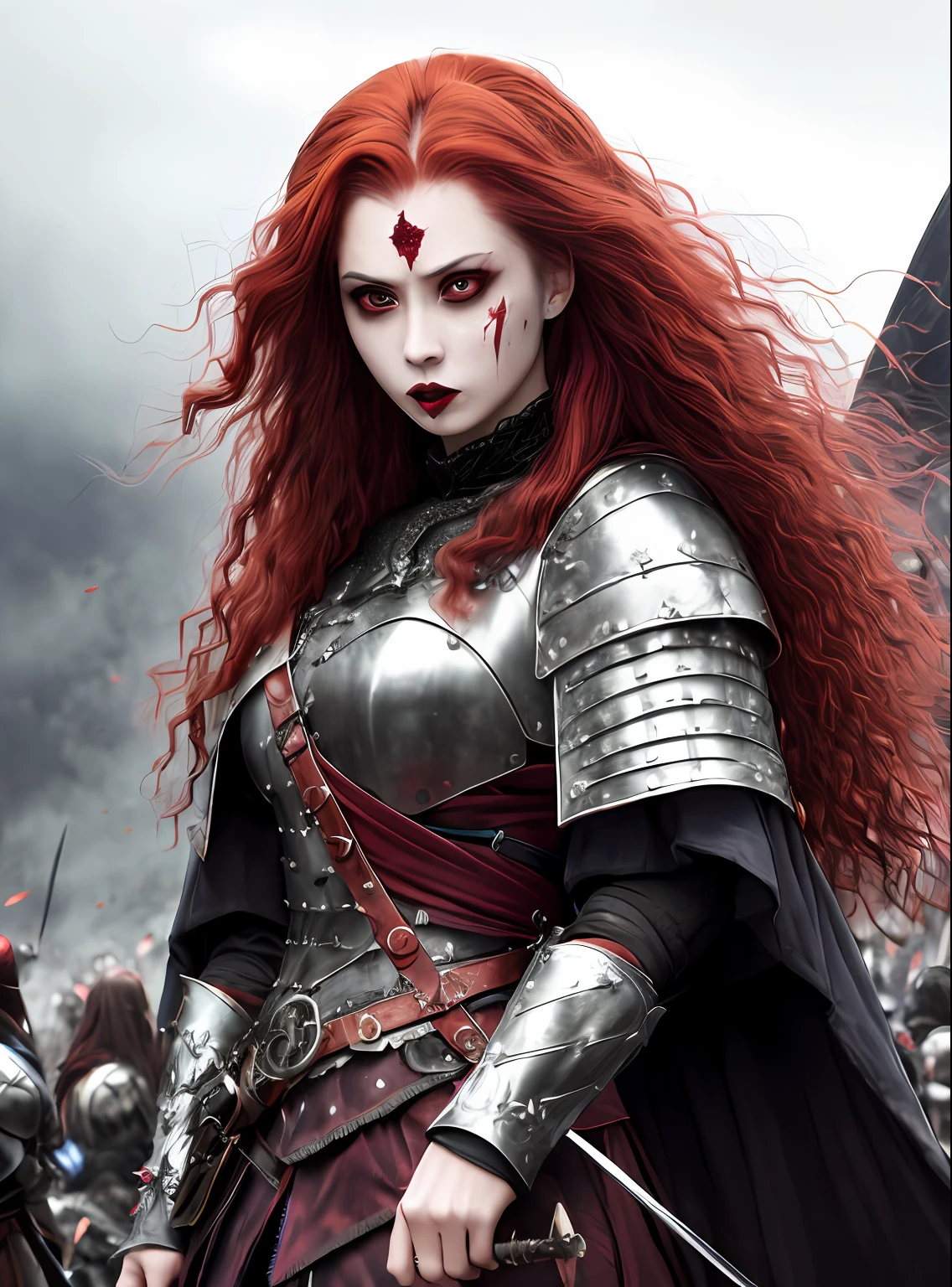 high picture quality、A warrior、femal、Redhead Long、wearing armor、Hold a longsword、wasteland、Red eyes、