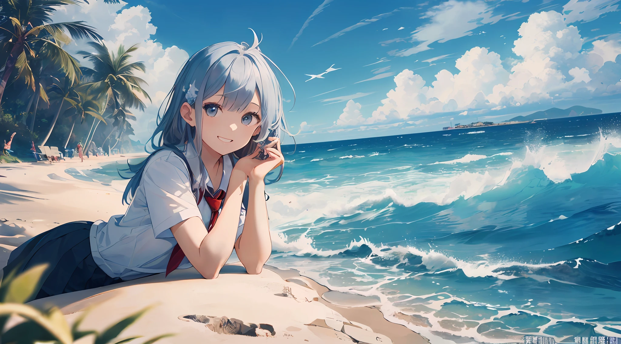 (最好质量:1.5)、(ultra hyper-detailed:1.5)、(Highest quality photos:1.5)、Beautiful schoolgirl、a very cute、Beautiful sea、Horizon、Summer sky、Into the cloud、beach、1 persons、Staring at the clouds、Radiant smile、