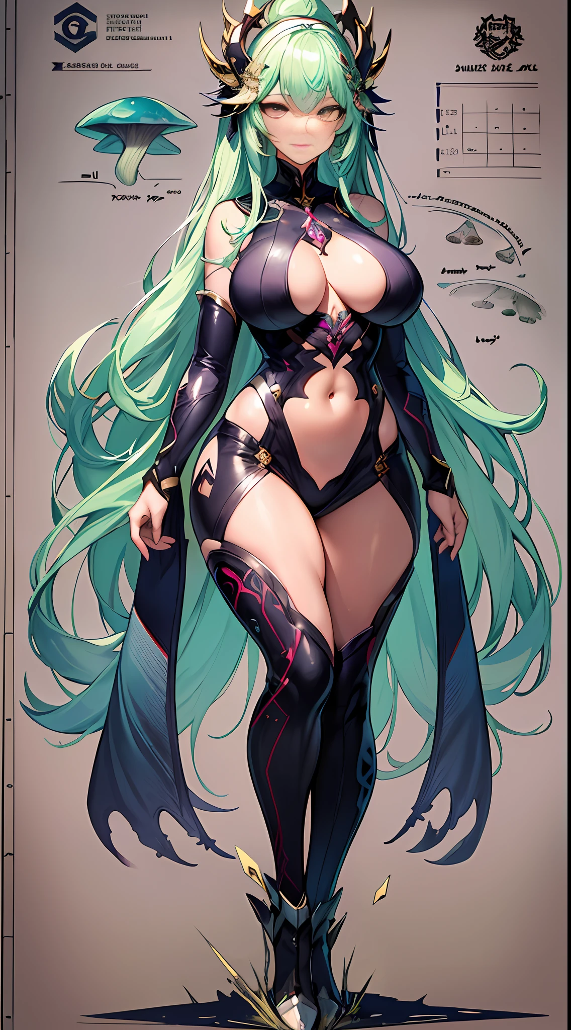 masterpiece, best quality, 1girl,highres, absurdres, full body,(ultra-detailed:1.1025), (illustration:1.1025), (infographic:1.1025), patent drawings, physical measurement,psychedelic details art, mushrooms,magical,trippy, beautiful face, seductive breast,sexy body,thick clothes,bodhisattva,(all clothes configuration:1.1025), stationery, (solo:1.1025),standing, cohesive background,normal hands, character sheet,(naughty),(pique emotion)