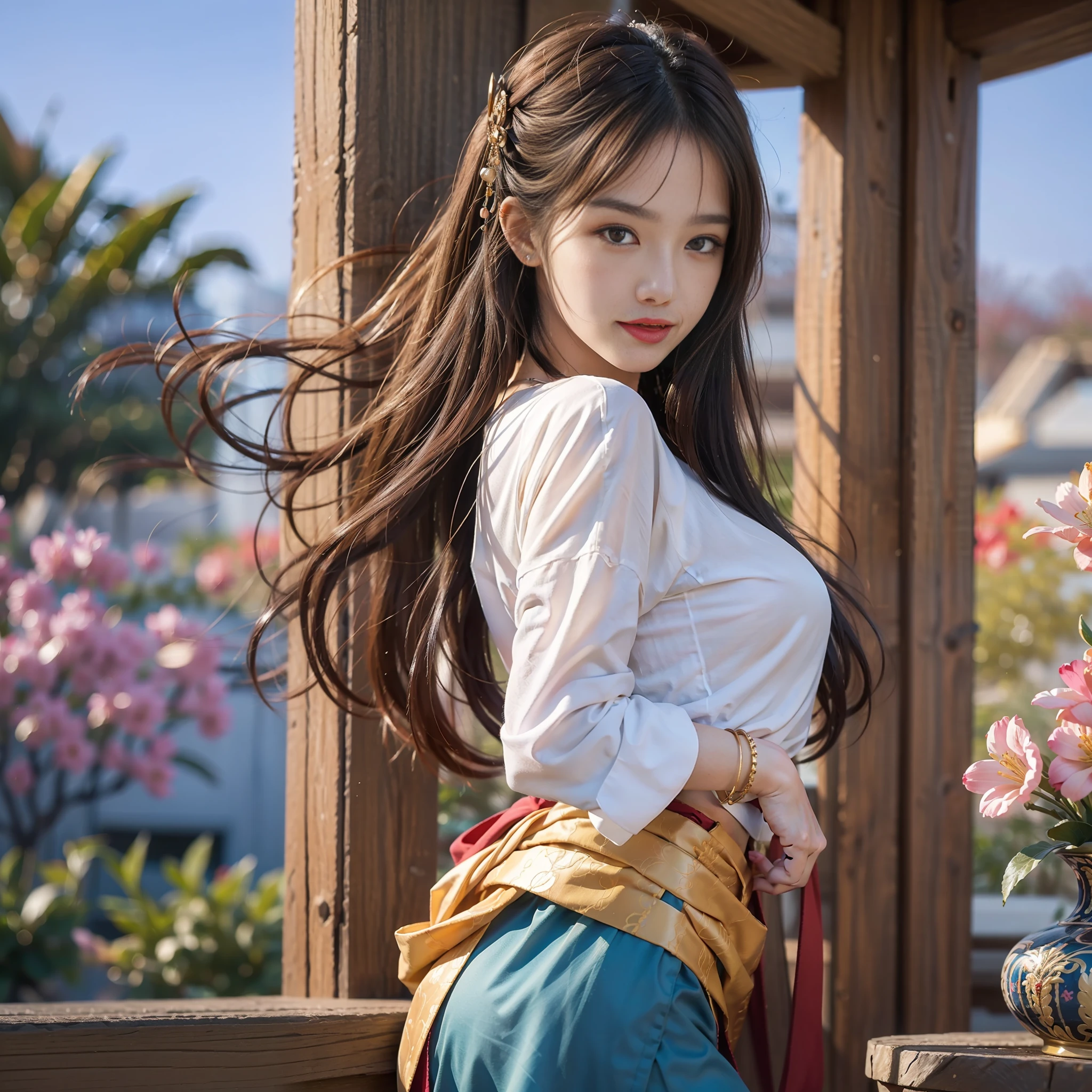 nsfw, 8K raw photo, best quality, masterpiece, super high resolution, film grain, film, 1girl, looking at the audience, natural skin texture, realistic eye and face details, full lips, lipstick, (makeup), long fluffy hair, messy hair, smile, shut up, beautiful legs, thin, solo, hips posing at you, miniskirt, ass, shirt, beautiful natural position, position of flowers around, (detailed background), blurred background, blur, hold, brown hair, bracelet, water, bangs, parted lips, lips, from side, hanfu, depth of field,